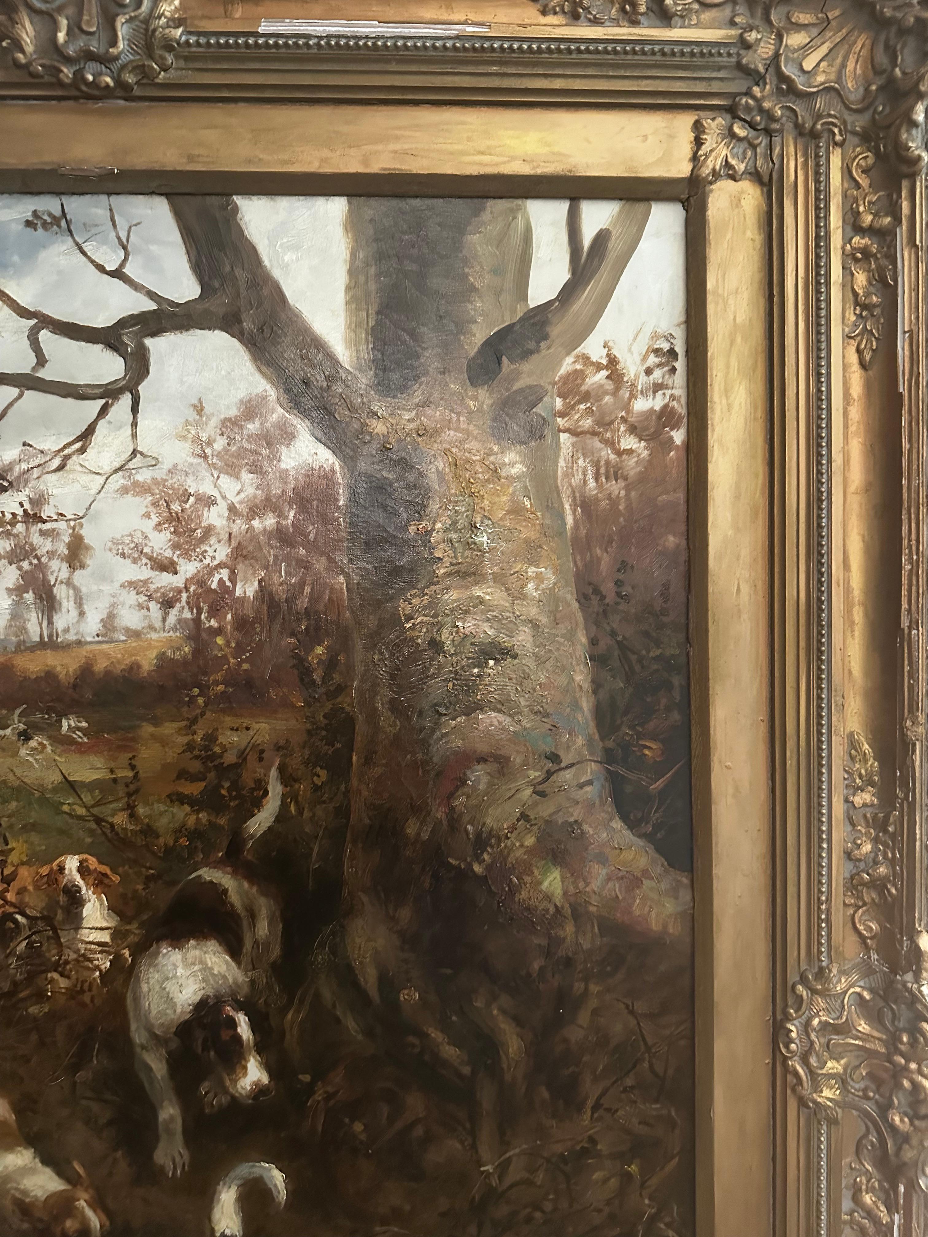 Toile Superbe grande scène de chasse avec chiens d'Arthur Alfred Davis en vente