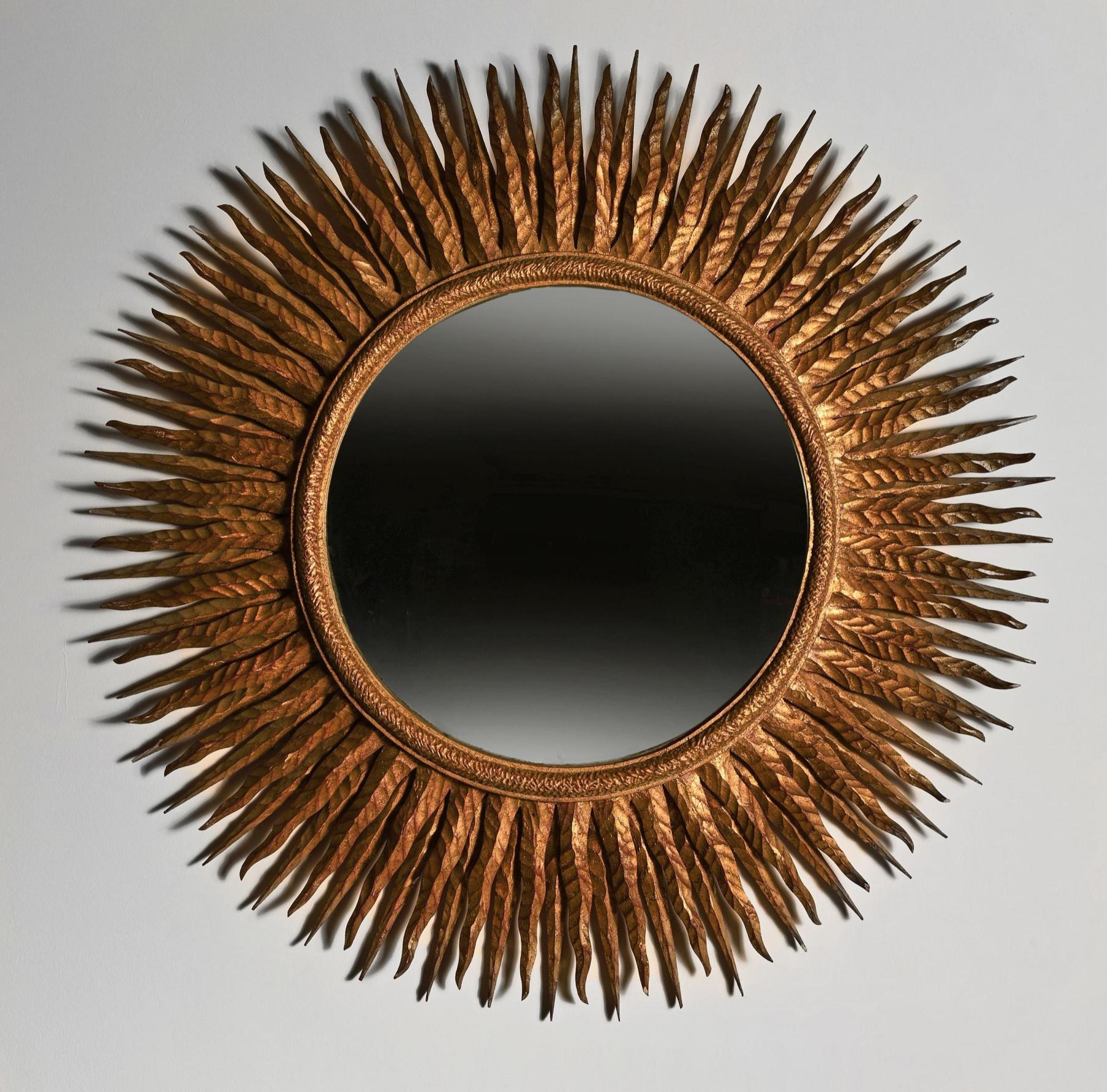 Mid-Century Modern Superb Large Mid-20th Century French Giltwood Sunburst Mirror