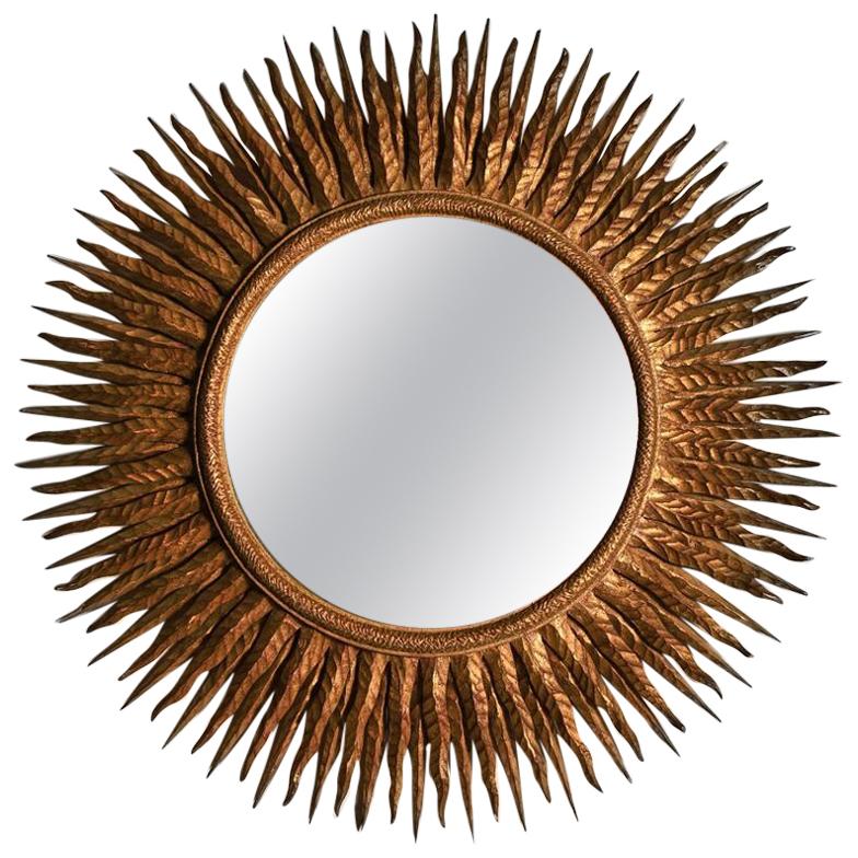 Superb Large Mid-20th Century French Giltwood Sunburst Mirror