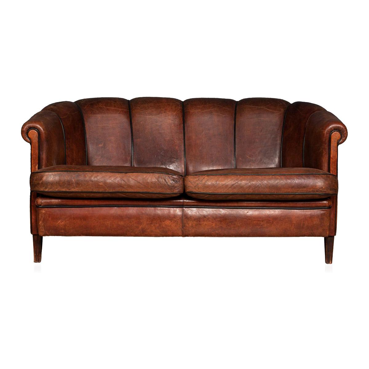 Superb Late 20th Century Scallop Back Two-Seat Sofa in Sheepskin Leather Sofa