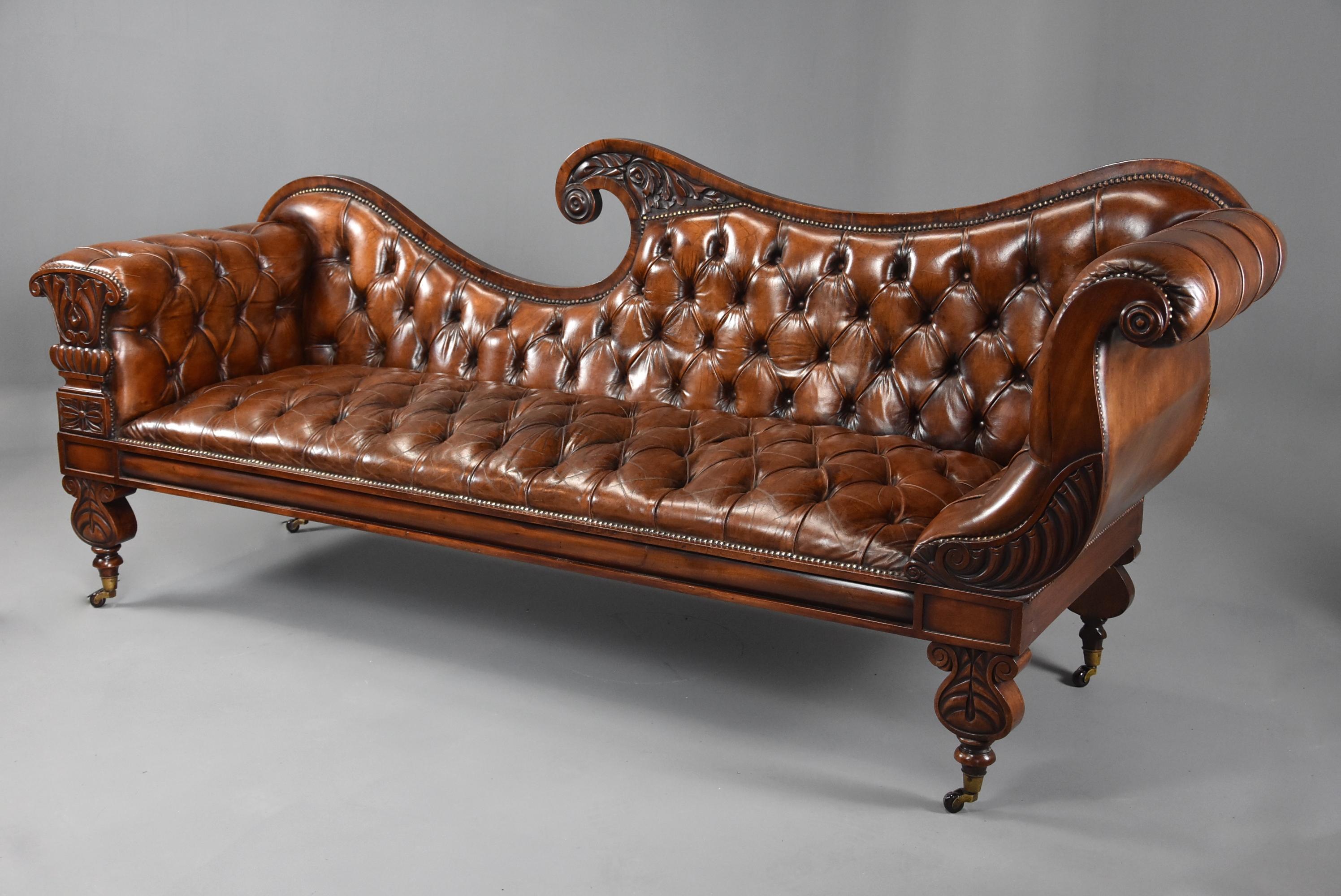 English Superb Late Regency/William IV Mahogany Deep Buttoned Brown Leather Sofa For Sale