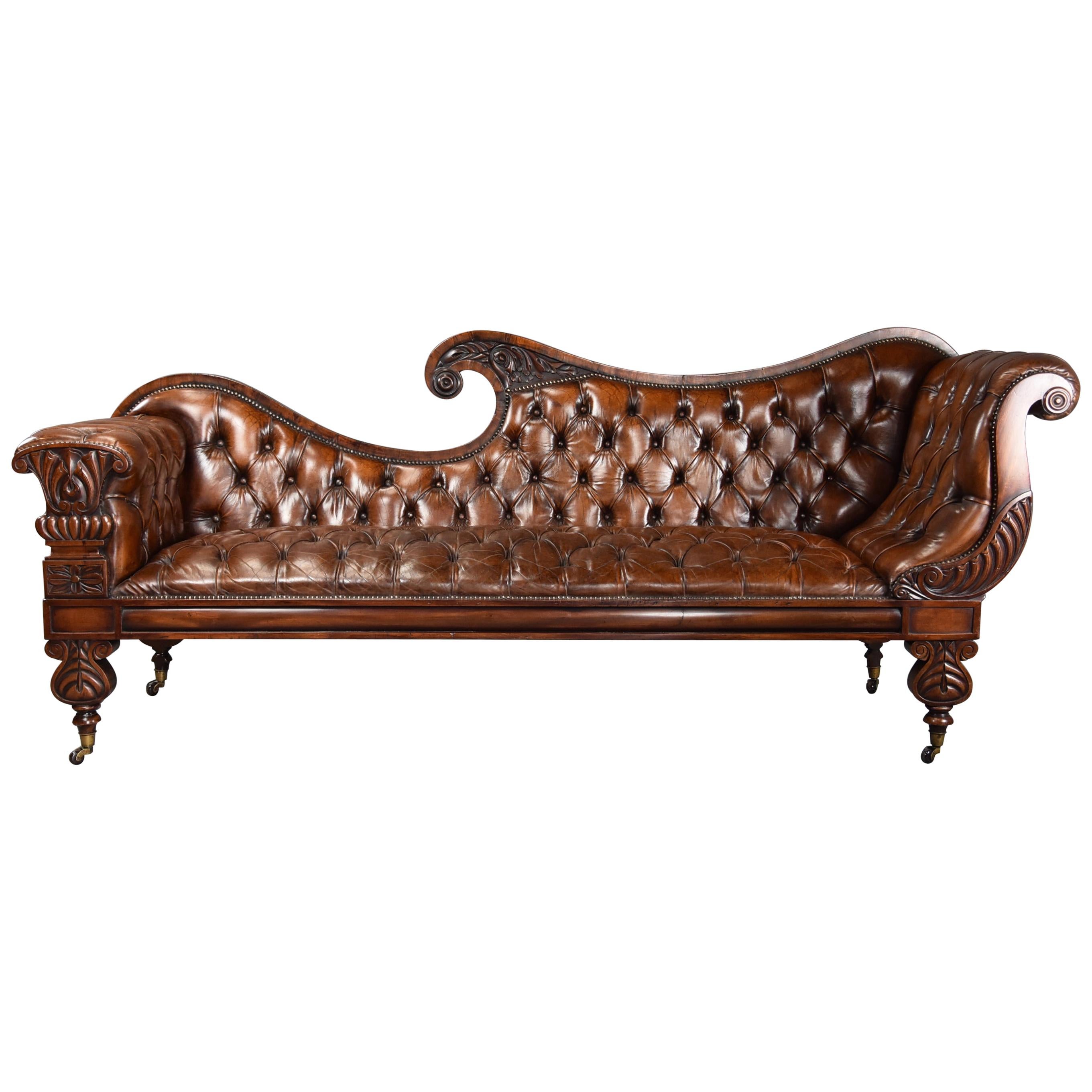 Superb Late Regency/William IV Mahogany Deep Buttoned Brown Leather Sofa For Sale