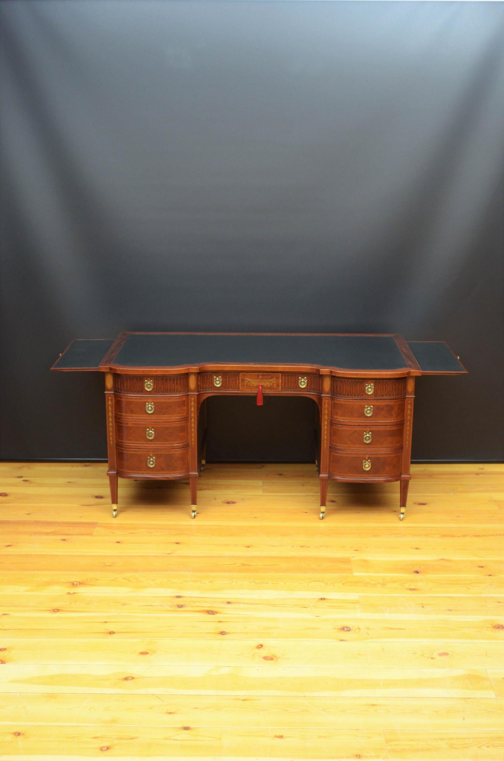 Sn4979 Superb Adams style inlaid desk of generous proportions, having black leather writing surface to figured mahogany and string inlaid top above three frieze drawers with reeded fronts, central also being inlaid with harebell panel, bow fronted