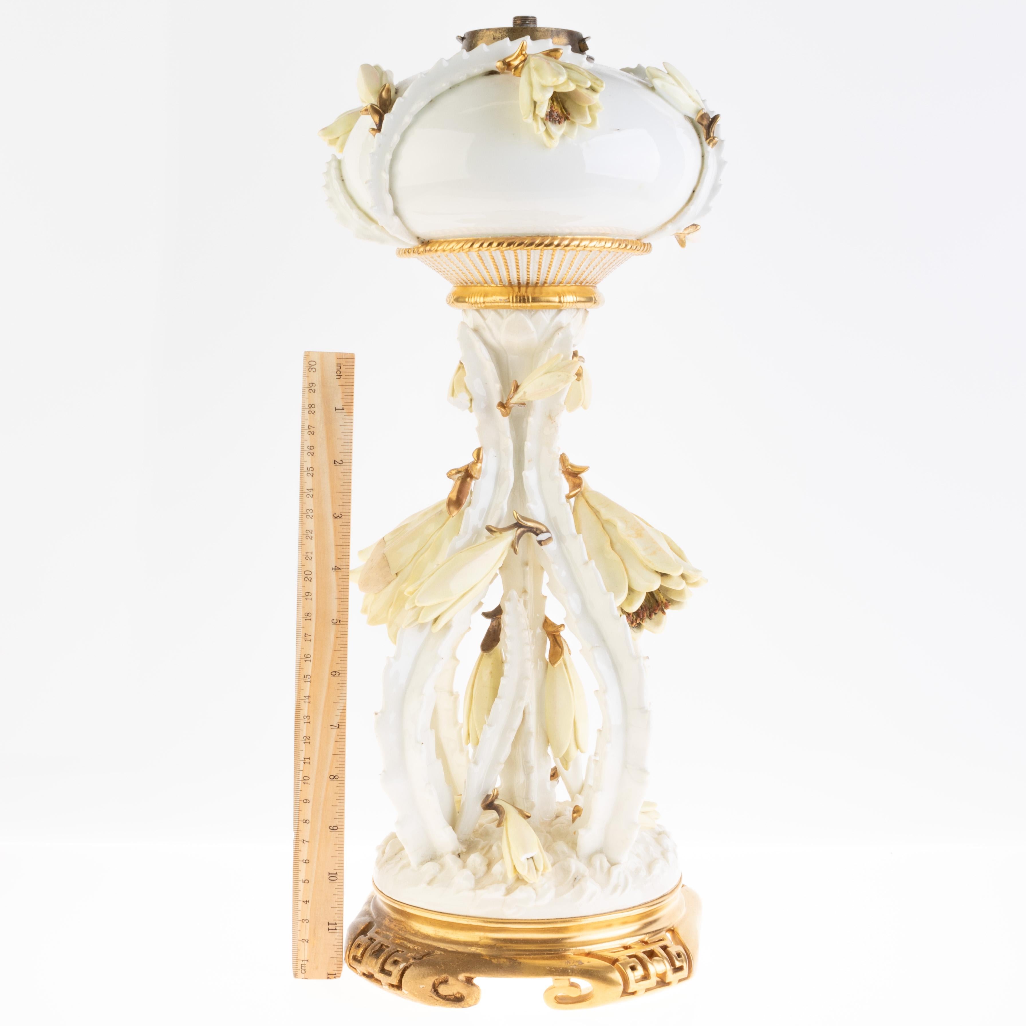 20th Century Superb Late Victorian Early Art Nouveau Moore Brothers Gilt Porcelain Oil Lamp