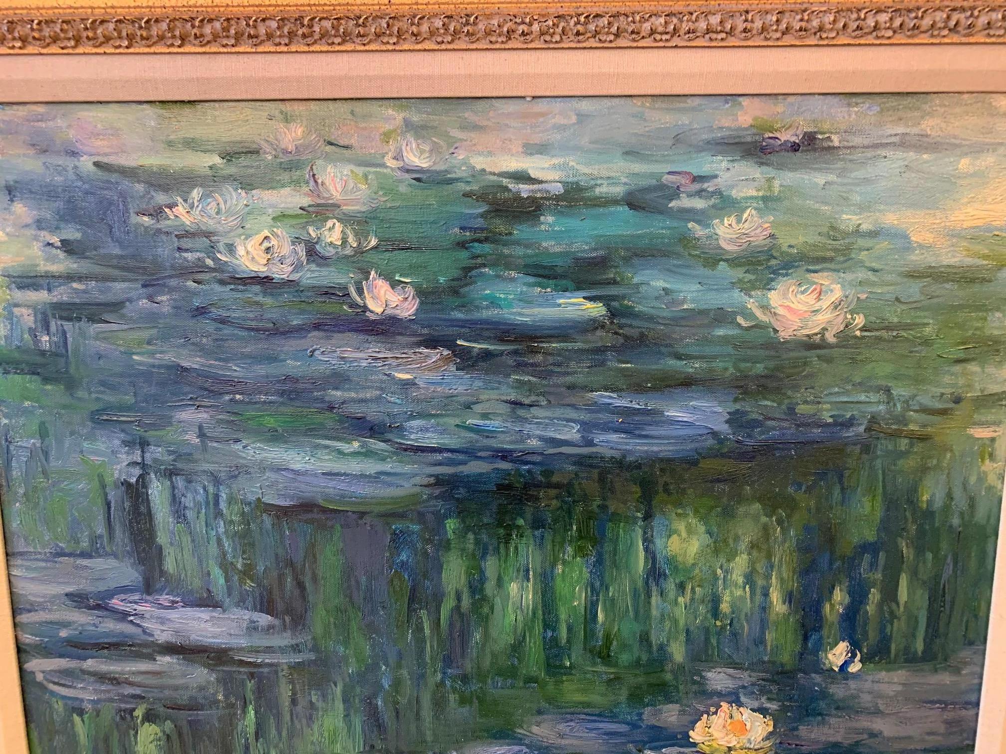 Painterly rendering of lilies in the style of Monet having wonderful impasto and lively surface with gilded frame.
  