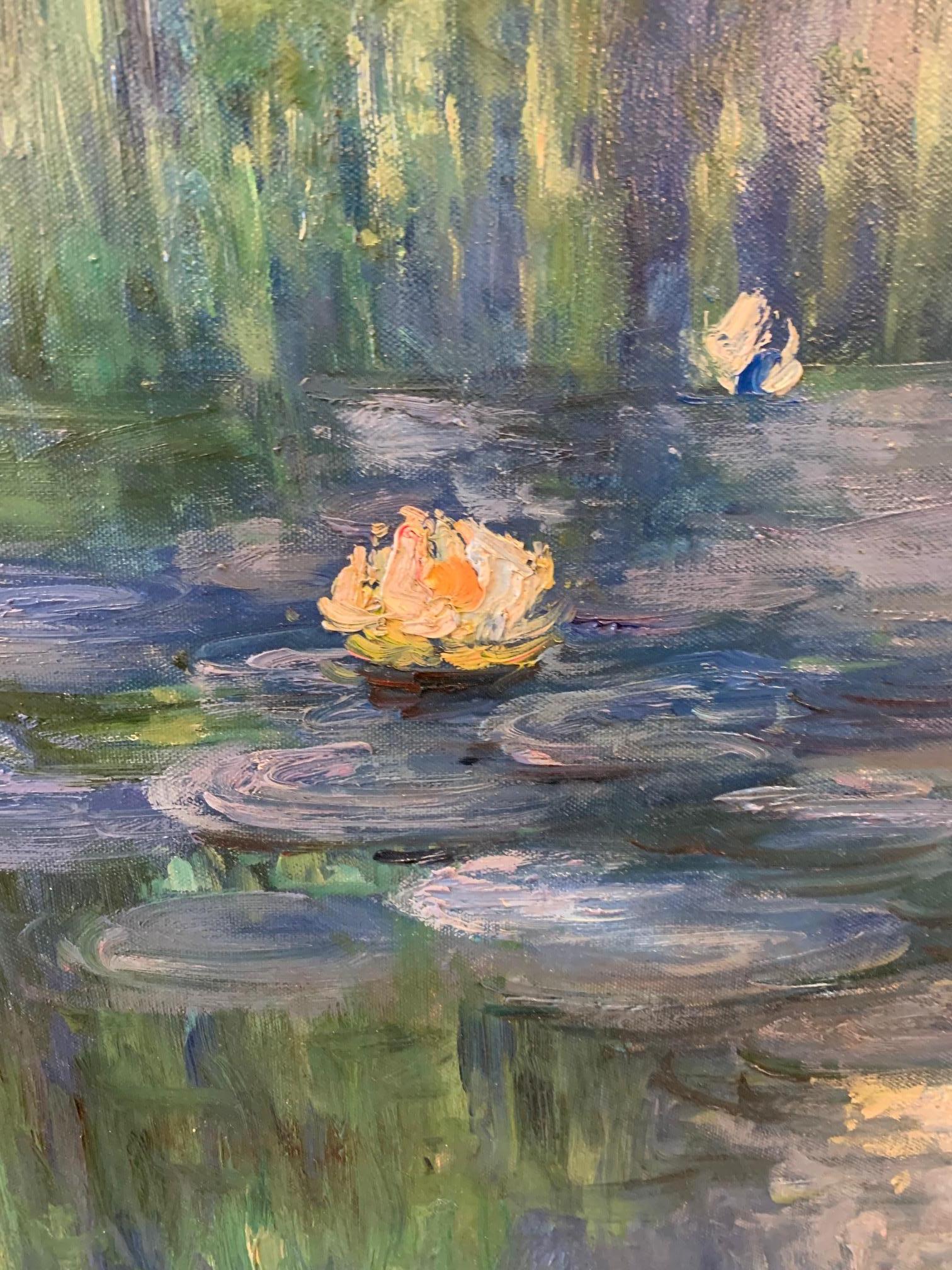 Superb Lily Pond Landscape Painting in the Style of Monet In Good Condition In Hopewell, NJ