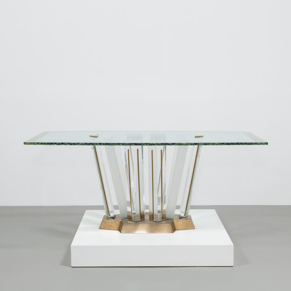 American Superb Lucite and Bronze Dining Table with Unique Glass Top