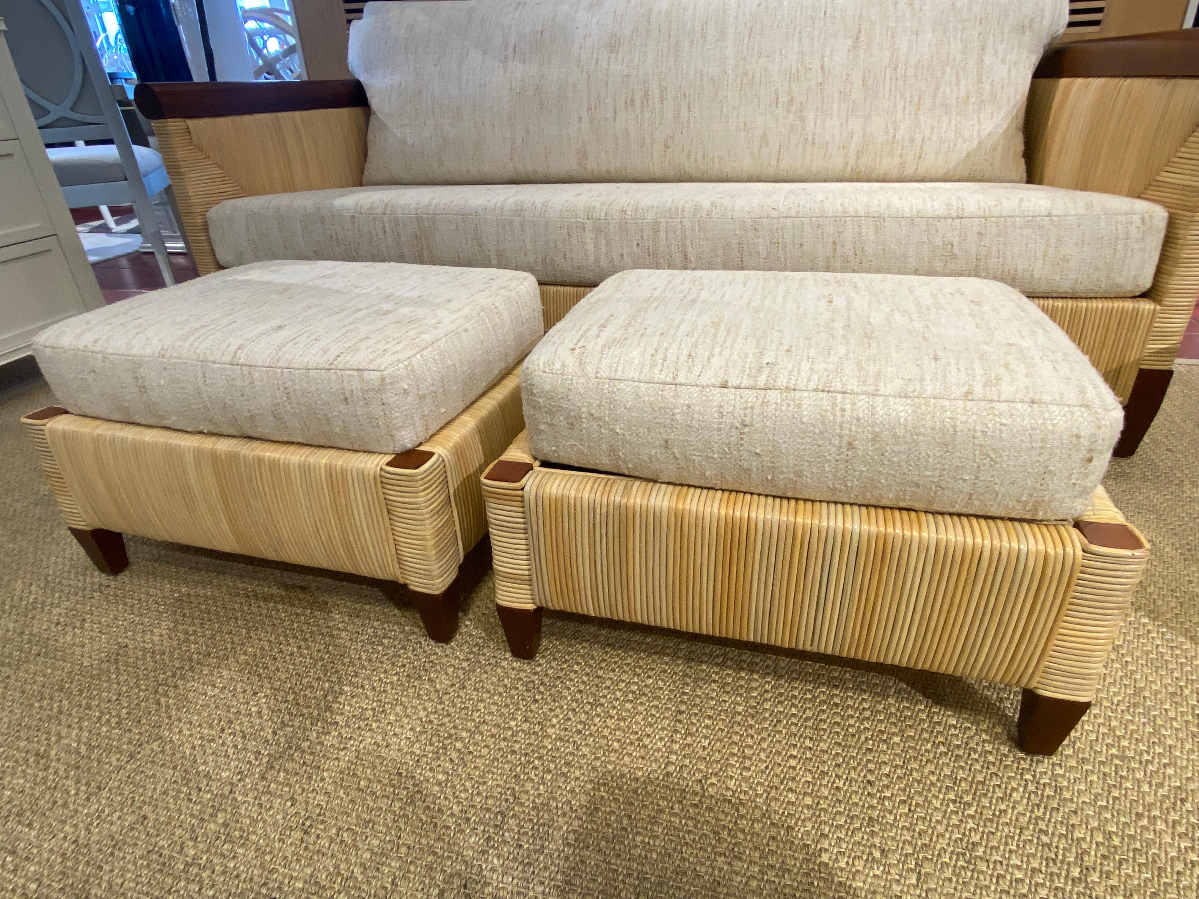 Superb Mahogany and Wicker Sofa with 2 Matching Ottomans In Good Condition In Bridgehampton, NY