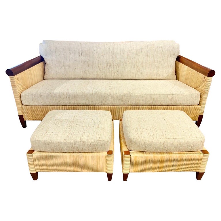 Superb Mahogany and Wicker Sofa with 2 Matching Ottomans For Sale at