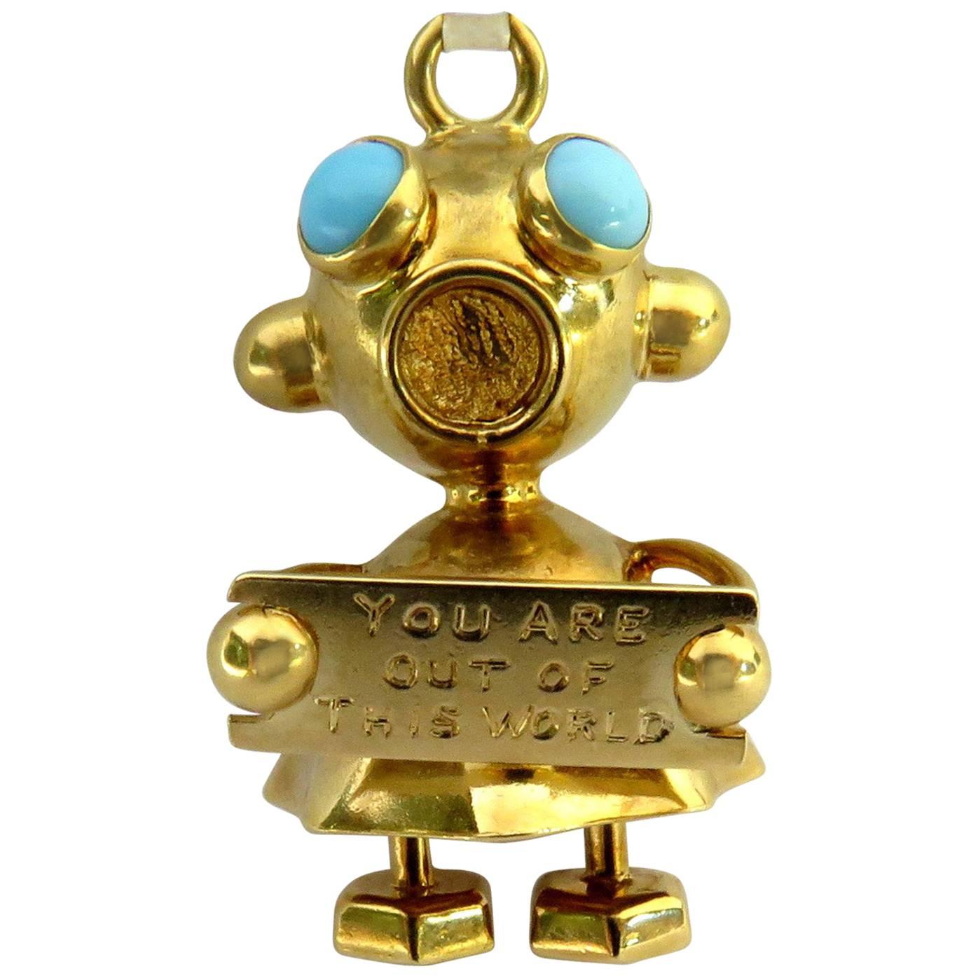Superb Martian "You Are Out Of This World" Turquoise Gold Charm Pendant For Sale
