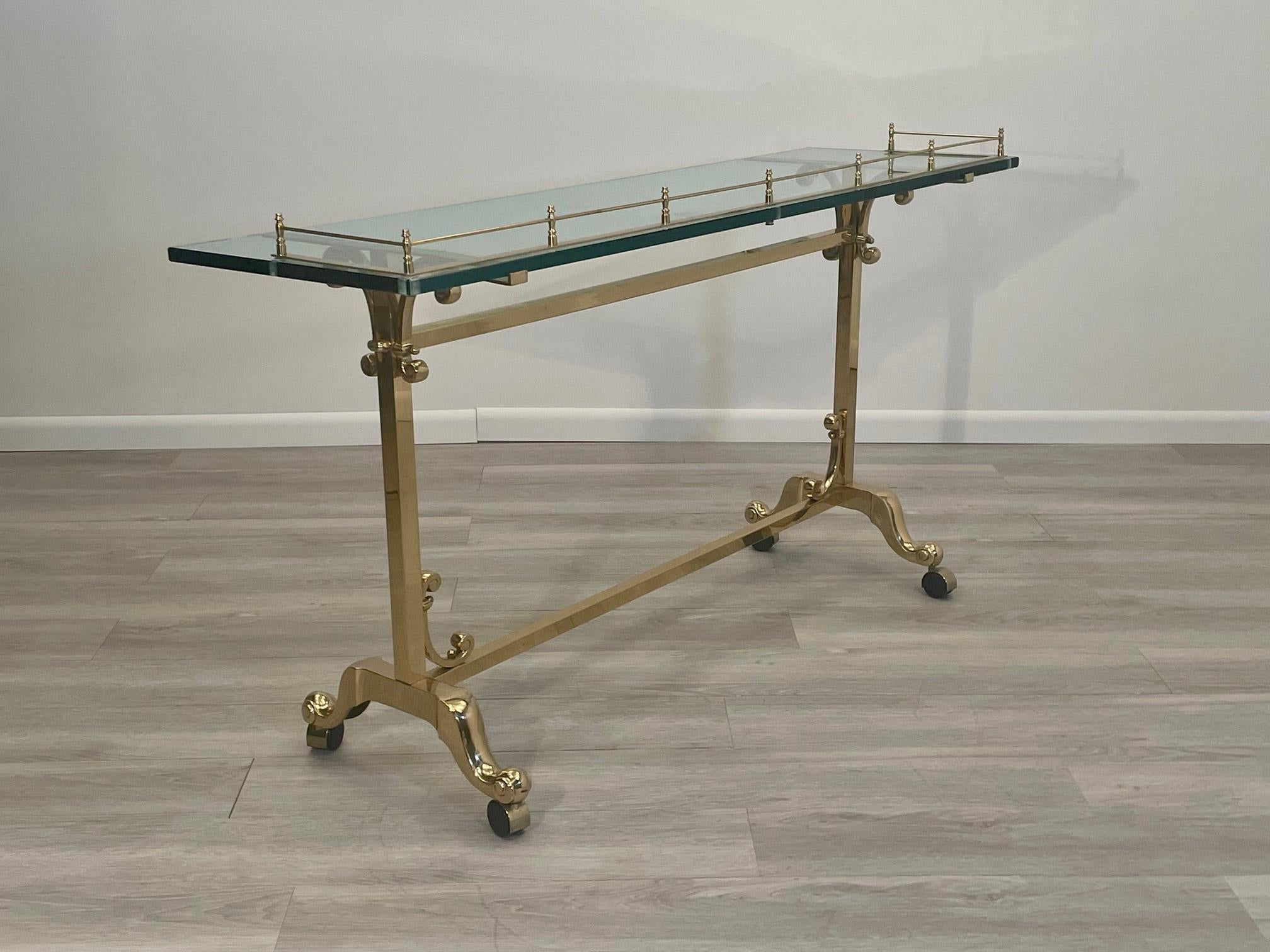 Late 20th Century Superb Mastercraft Style Glass & Brass Rectangular Console Table For Sale