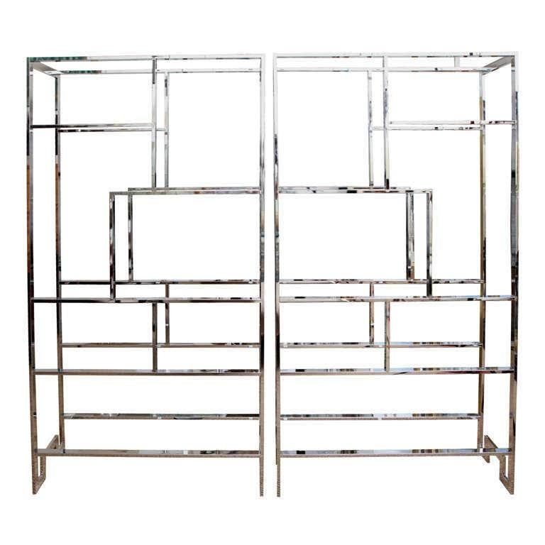Superb Matching Pair, DIA Chrome Etageres with Shelves, Greek Key Bases In Good Condition In London, GB