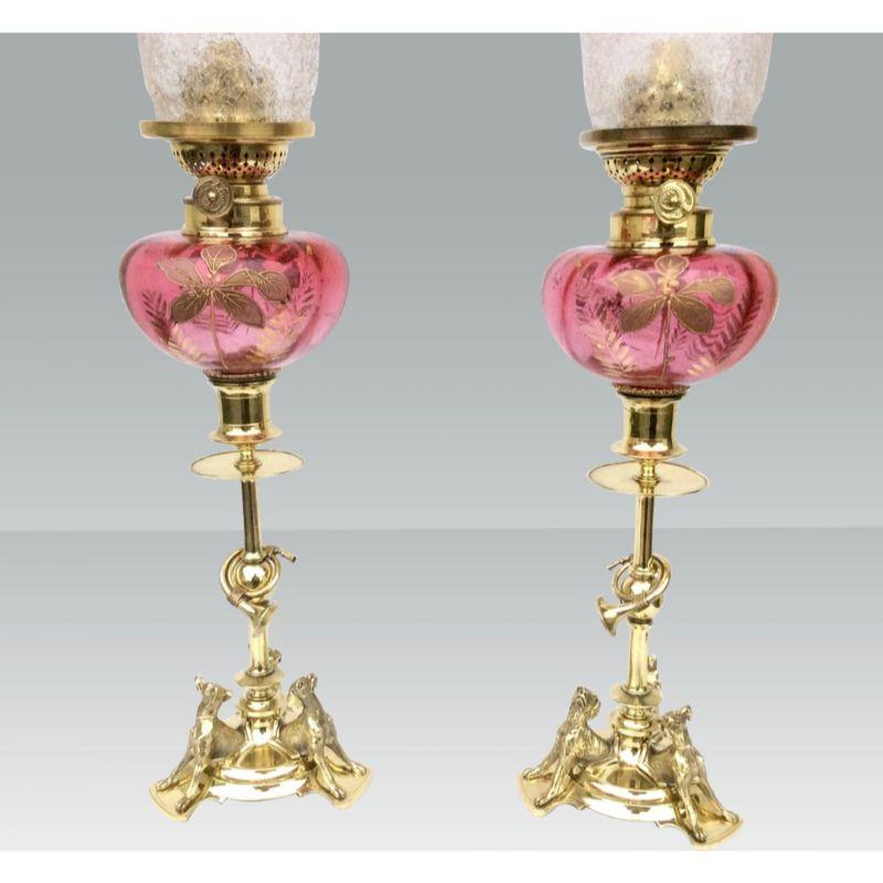 Victorian Superb Matching Pair of Original Antique Glass Oil Peg Lamps with Hunting Theme For Sale