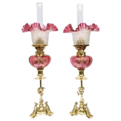 Superb Matching Pair of Original Antique Glass Oil Peg Lamps with Hunting Theme
