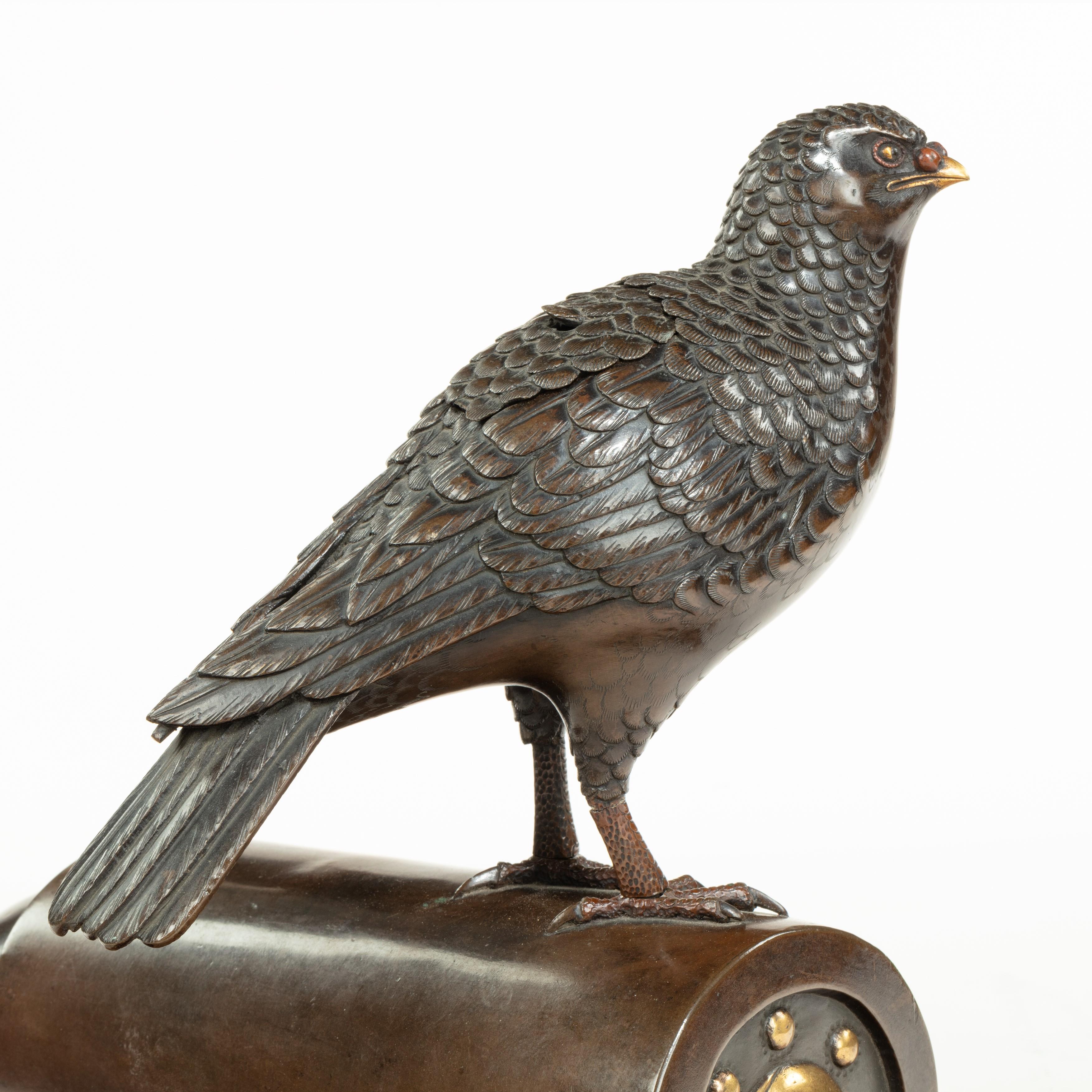 Japanese Superb Meiji Period Bronze Koro in the Form of a Dove on a Roof Tile