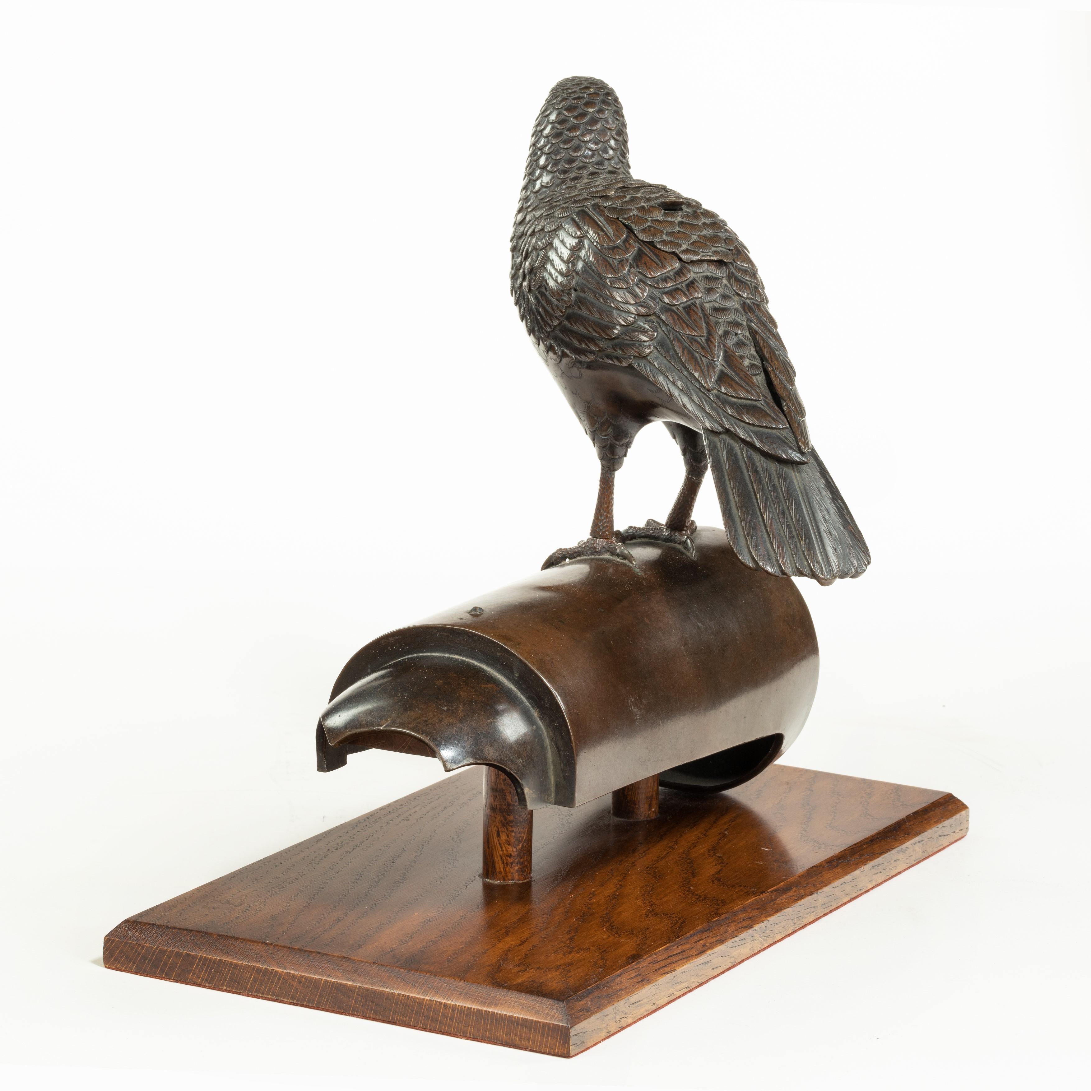 Late 19th Century Superb Meiji Period Bronze Koro in the Form of a Dove on a Roof Tile