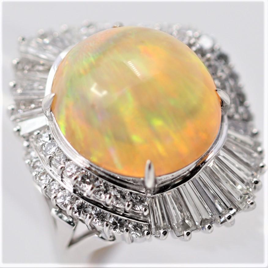 Superb Mexican Fire Opal Diamond Platinum Cocktail Ring In New Condition For Sale In Beverly Hills, CA