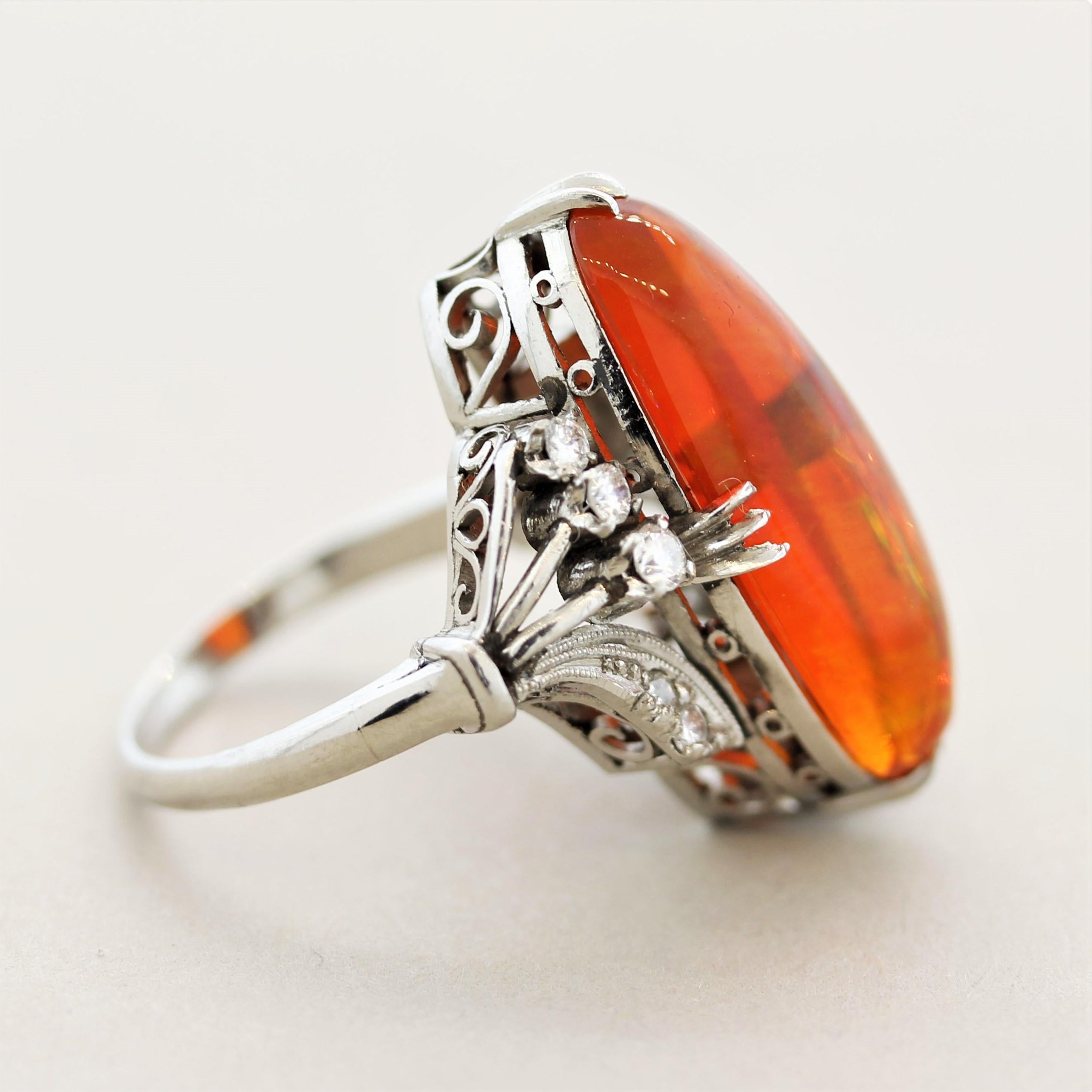 Superb Mexican Fire Opal Diamond Platinum Ring In New Condition For Sale In Beverly Hills, CA