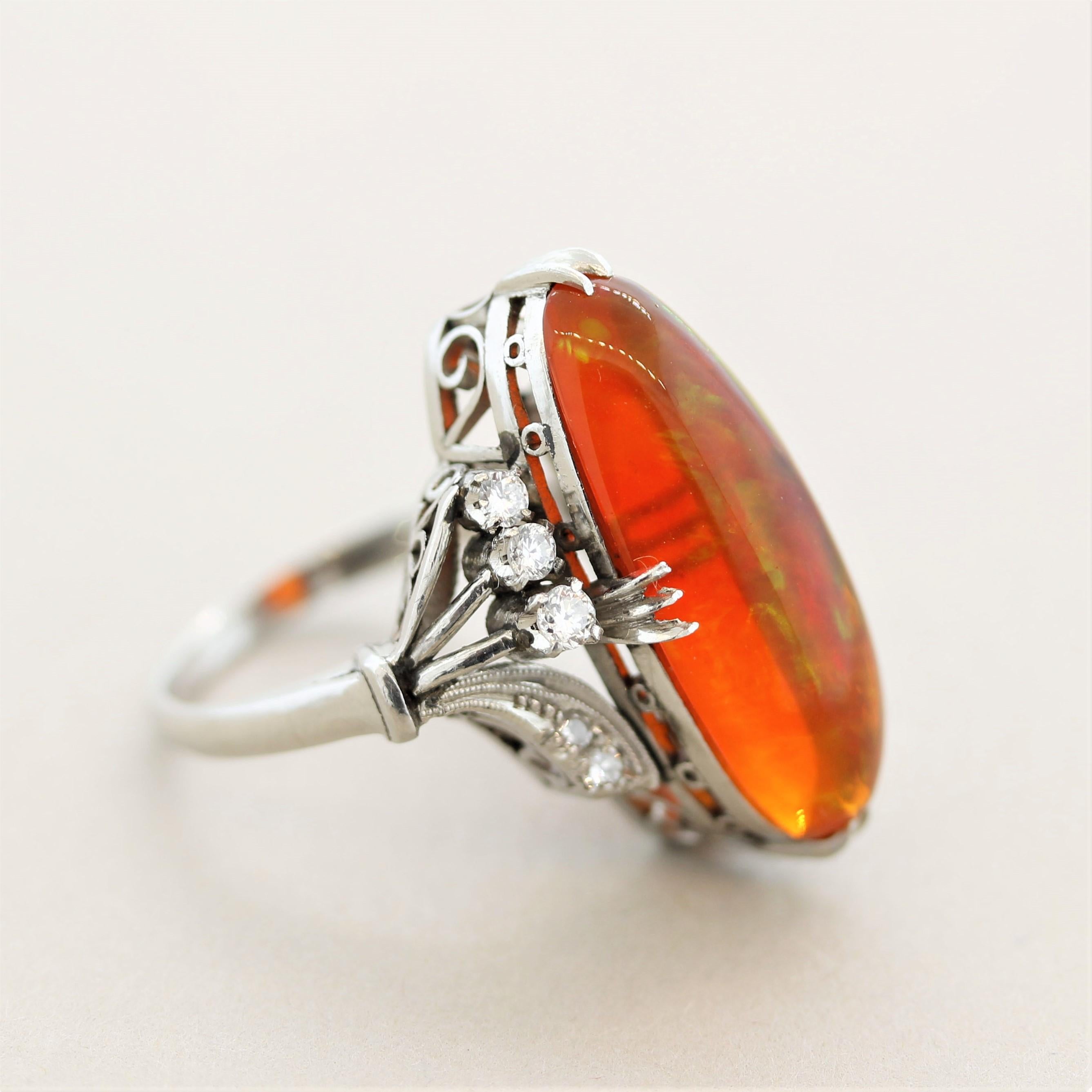 Women's Superb Mexican Fire Opal Diamond Platinum Ring For Sale