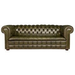 Superb Mid-20th Century Green Chesterfield Leather Sofa with Button Down Seat