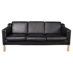 Vintage Superb Midcentury Danish Modern Beautiful Black Leather 3 Seat Sofa Birch Legs