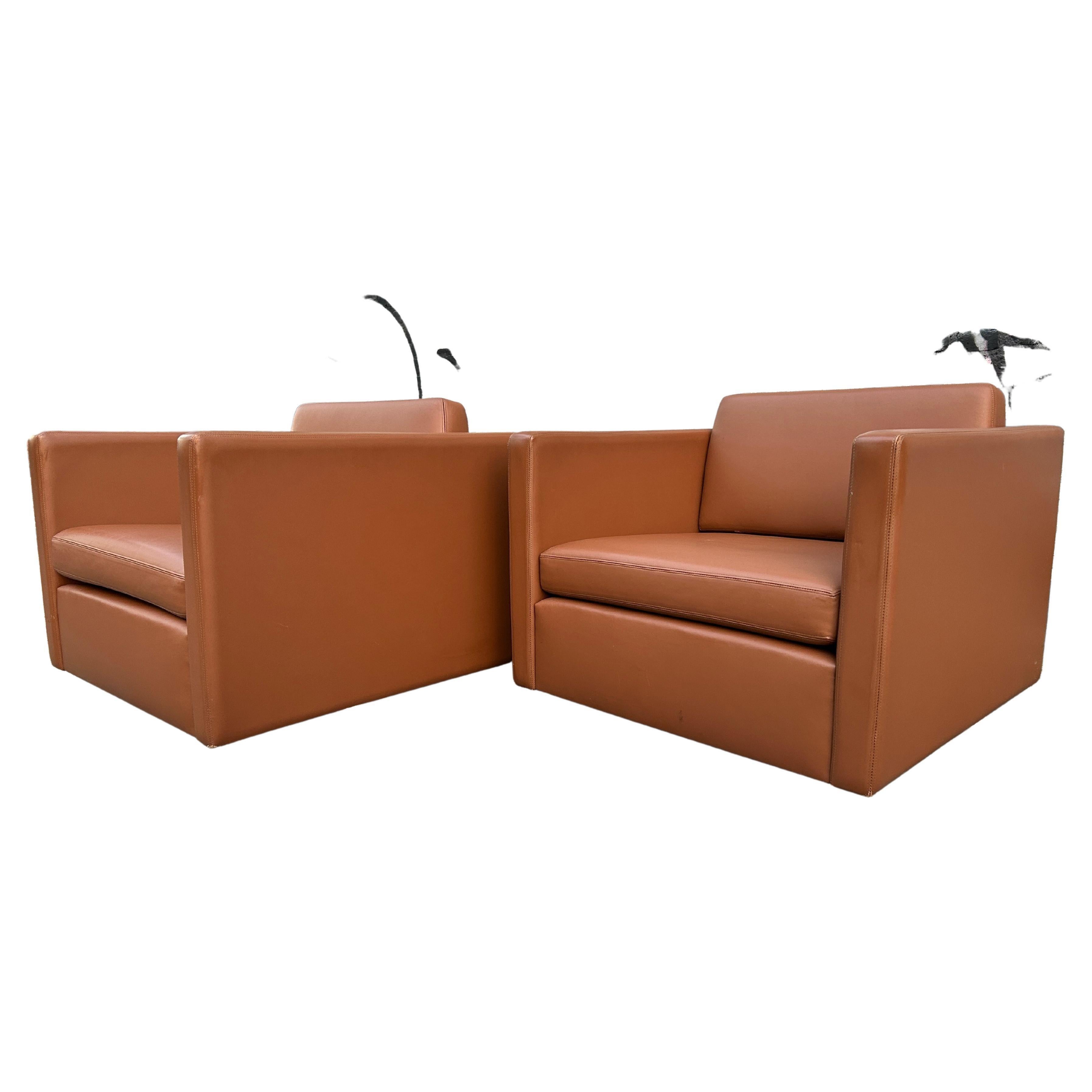 Américain Superbe fauteuil de salon Pfister Cube moderne du milieu du siècle dernier par Knoll en cuir cognac en vente
