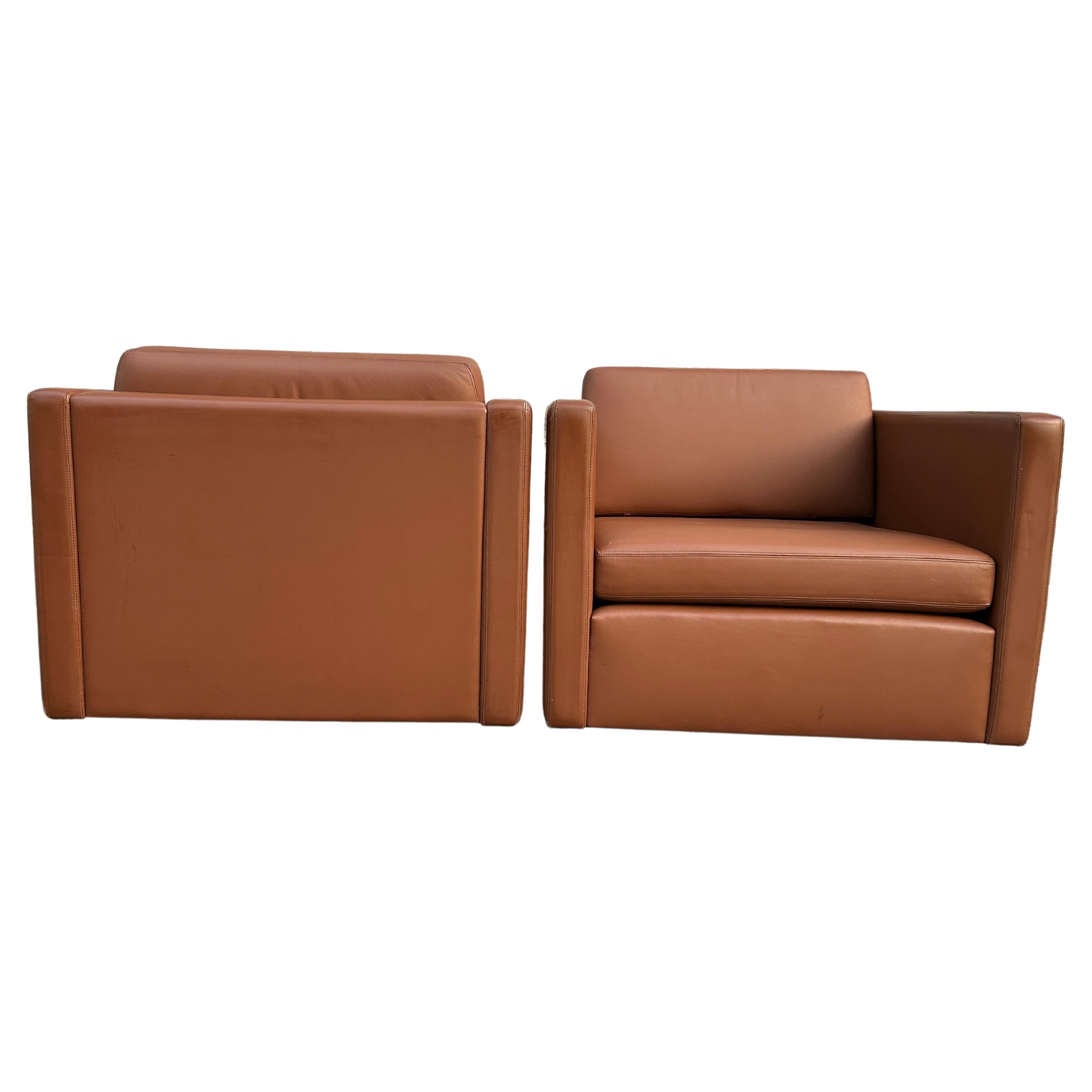 Travail du bois Superbe fauteuil de salon Pfister Cube moderne du milieu du siècle dernier par Knoll en cuir cognac en vente