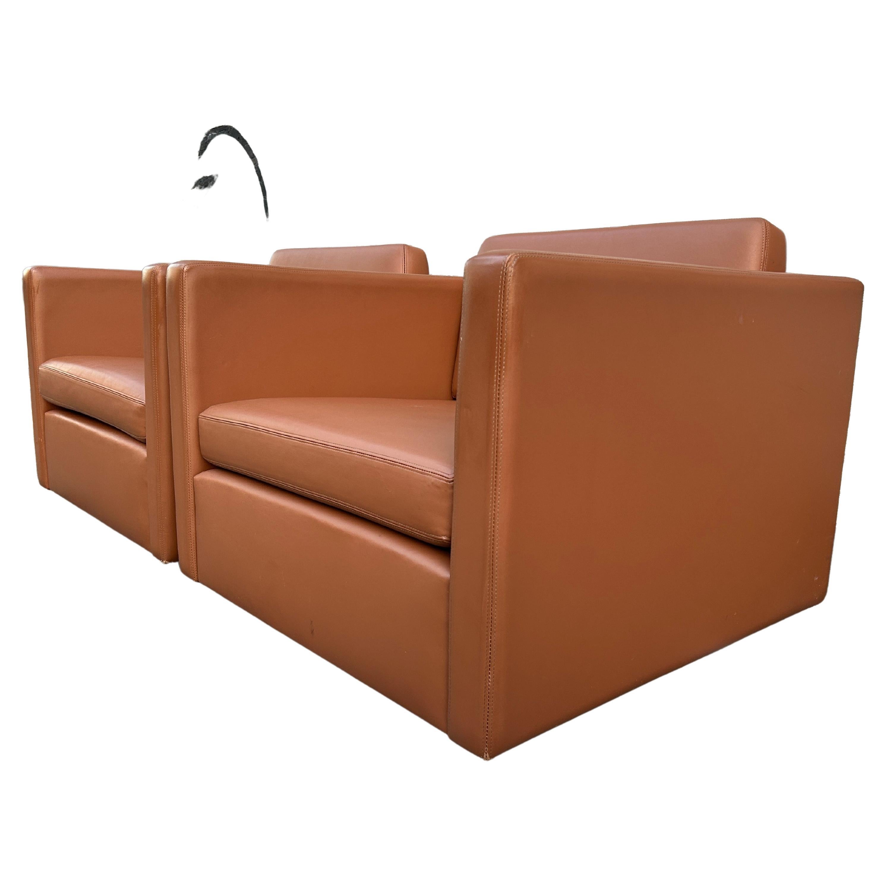 American Superb Mid-Century Modern Pfister Cube Lounge Chairs by Knoll in Cognac Leather For Sale