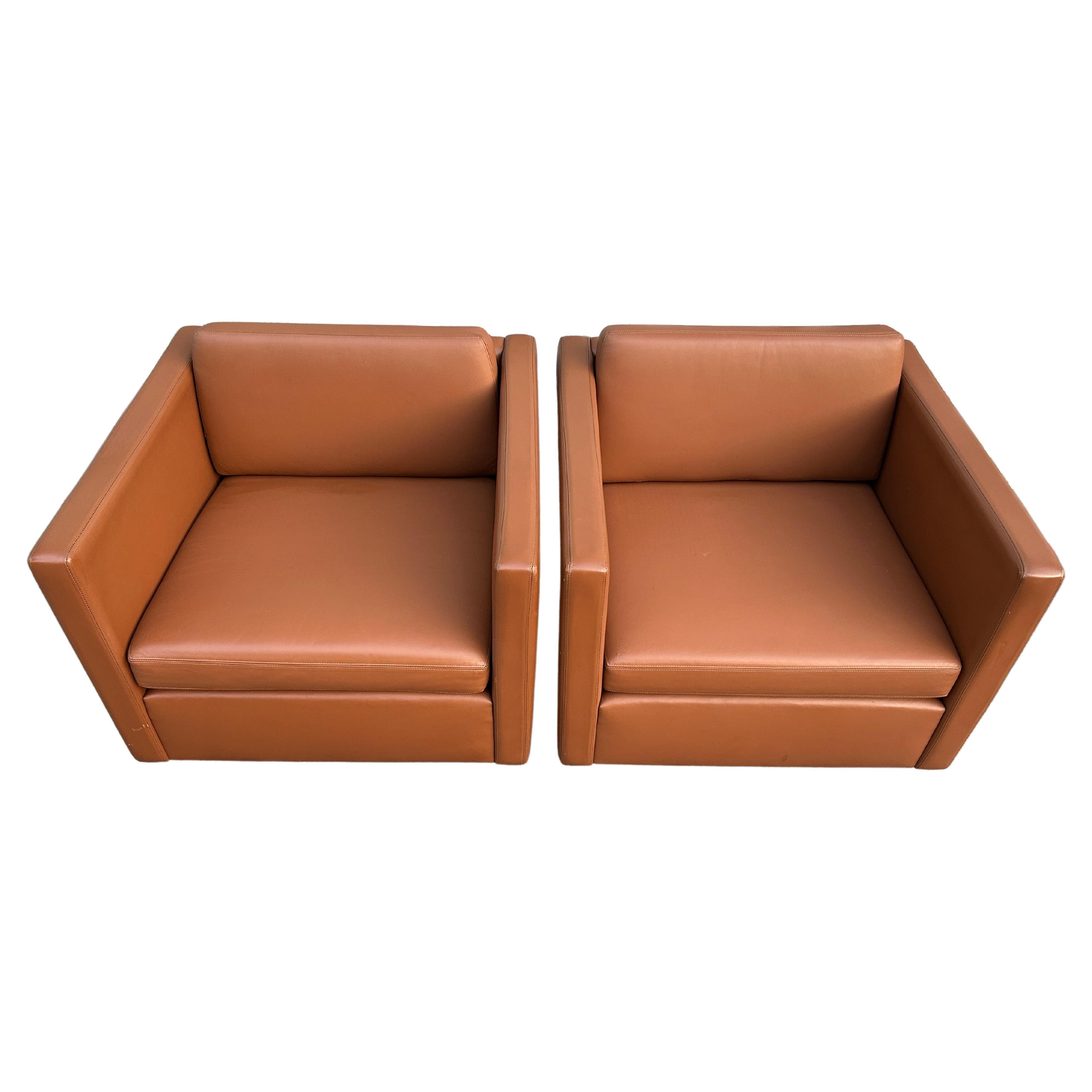 Woodwork Superb Mid-Century Modern Pfister Cube Lounge Chairs by Knoll in Cognac Leather For Sale