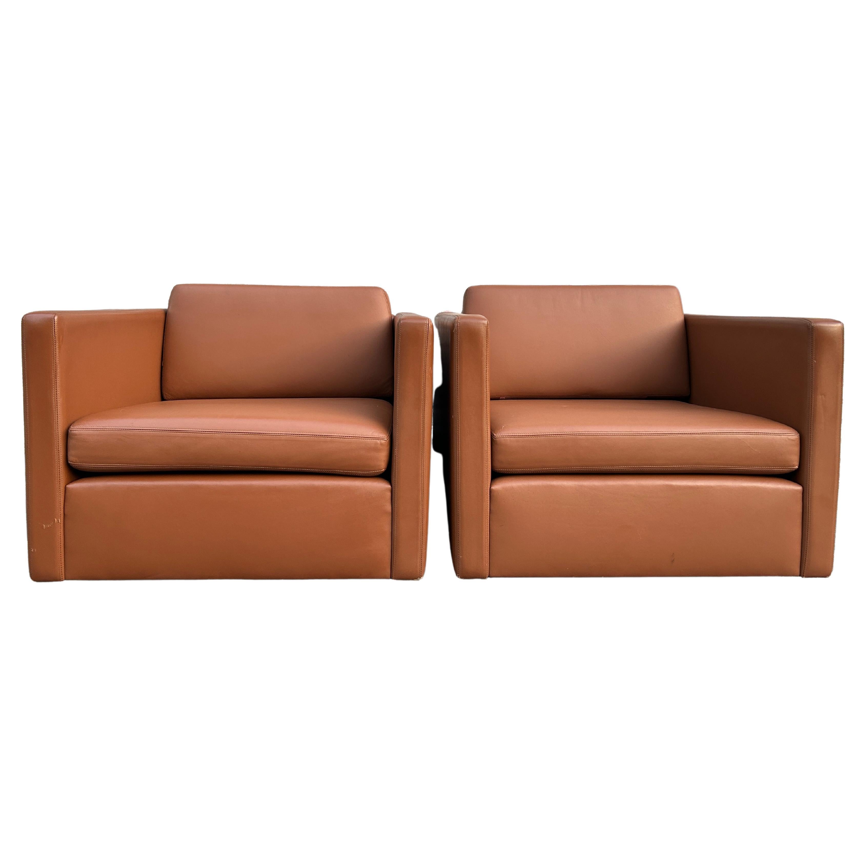 Superb Mid-Century Modern Pfister Cube Lounge Chairs by Knoll in Cognac Leather
