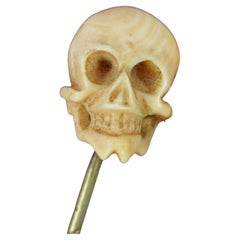 Used Superb Mid Victorian Hand Carved Coral Skull Head Stick Tie Pin in Box