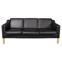 Superb Midcentury Danish Modern Beautiful Black Leather 3 Seat Sofa Birch Legs