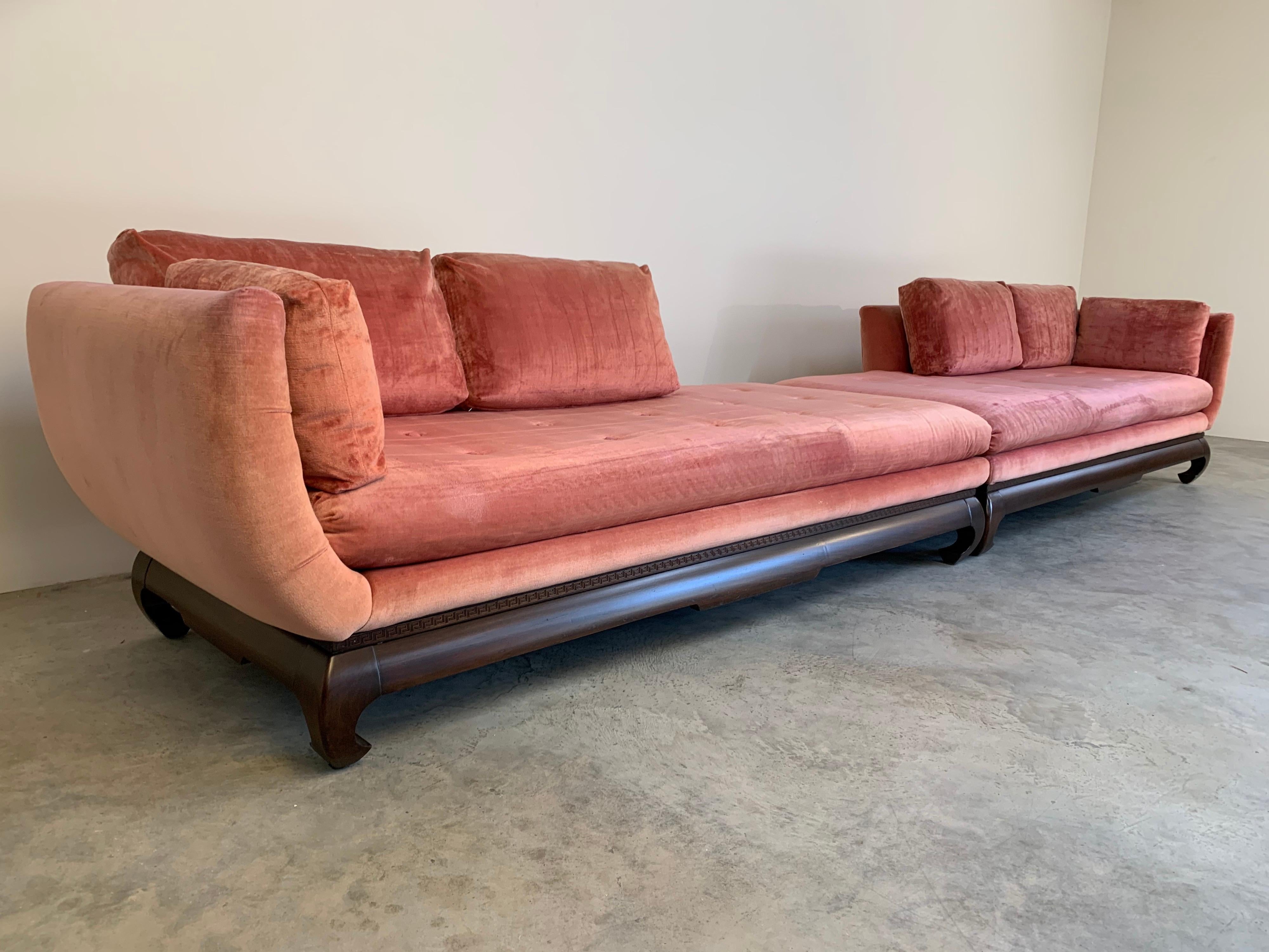 An exceptional Ming style sectional sofa having scroll sides with mahogany chow leg frame. 
Original velvet upholstery has been professionally cleaned and shows minor signs of age and use. 
This sofa consists of 2 allowing sections that can be
