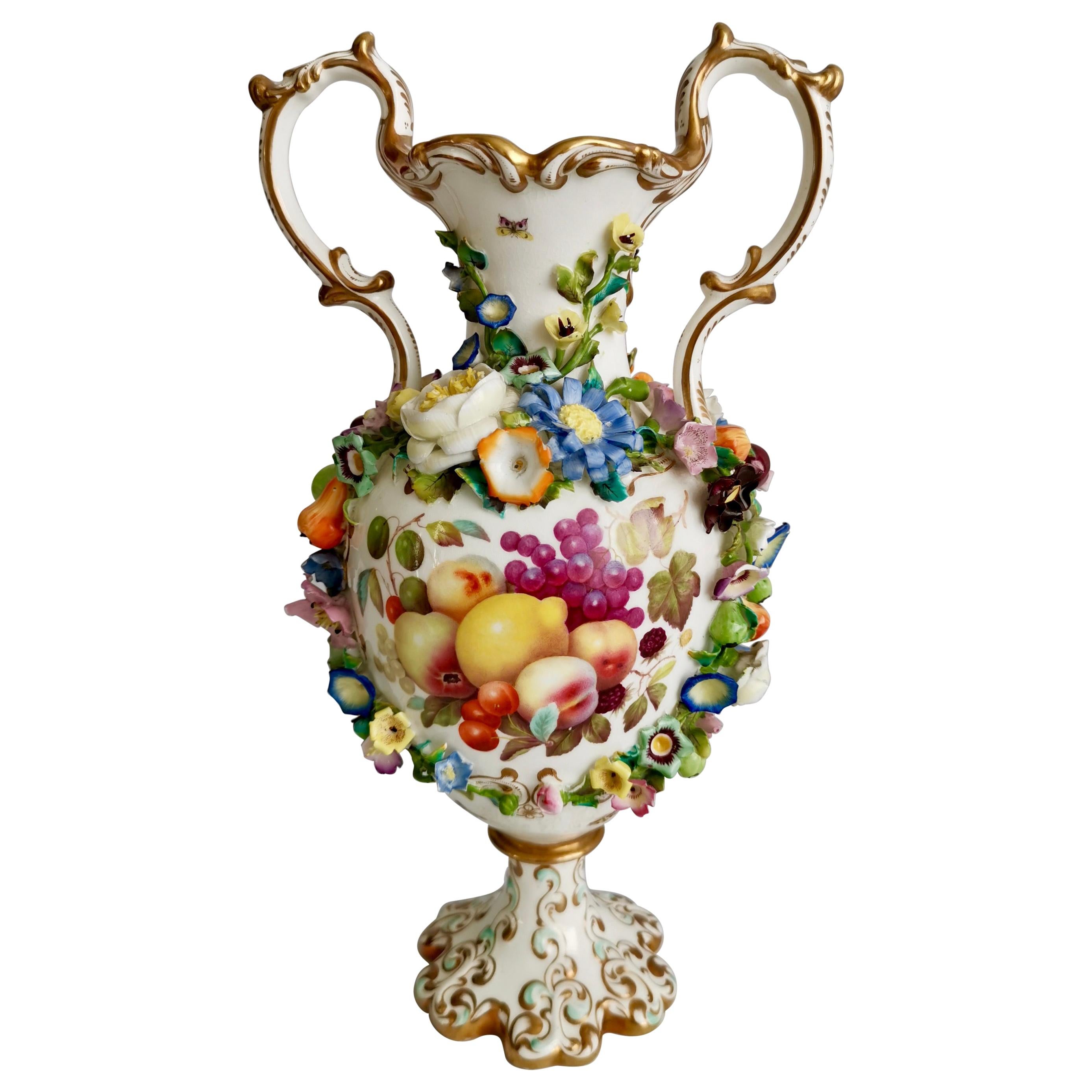 Minton Porcelain Encrusted Vase, Fruits by Thomas Steel, Rococo Revival, ca 1835