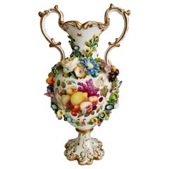 Antique Minton Porcelain Encrusted Vase, Fruits by Thomas Steel, Rococo Revival, ca 1835