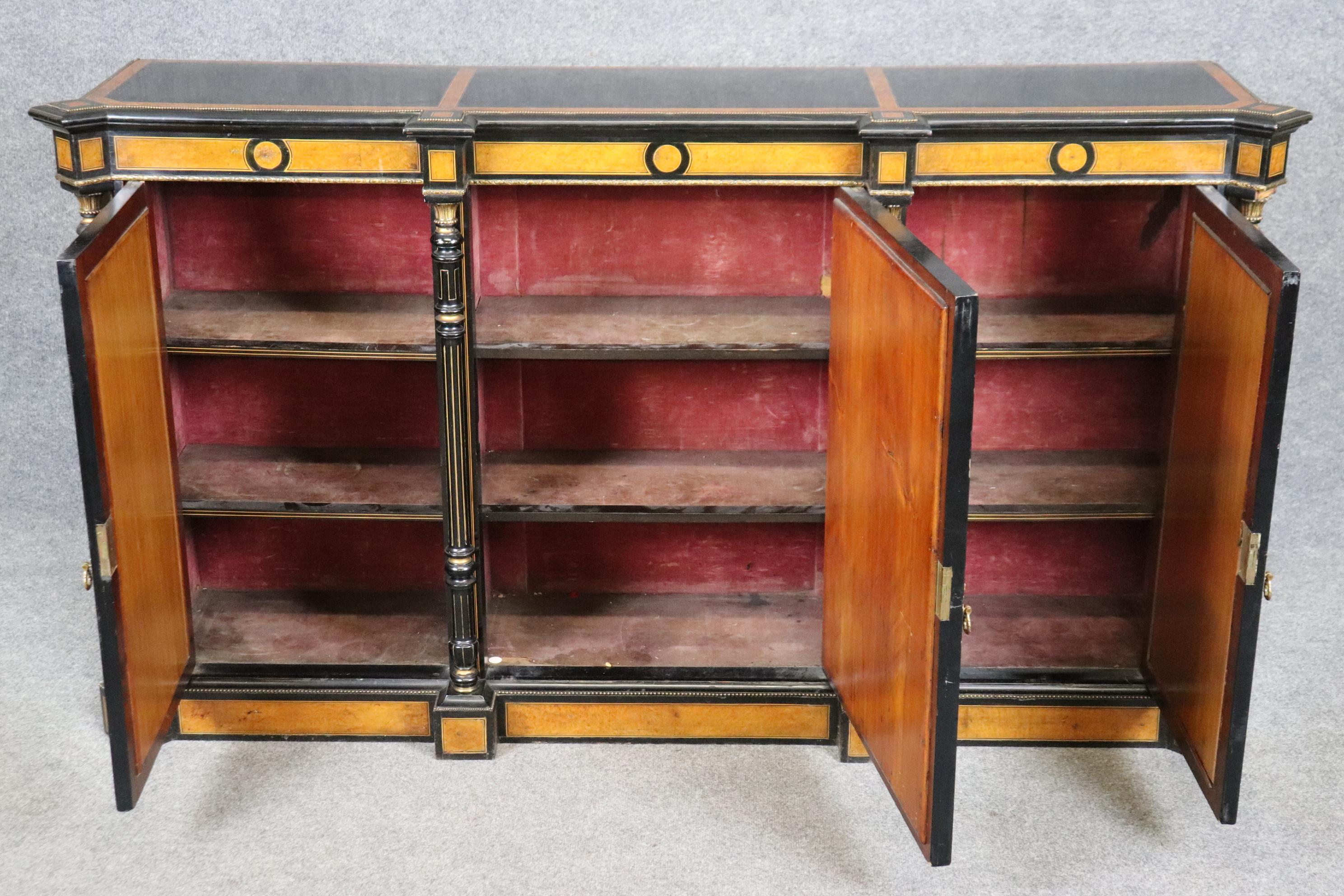 Napoleon III Superb Napoleonic Ebonized Mirrored Doors Gilt Incised Burled Walnut Sidebaord