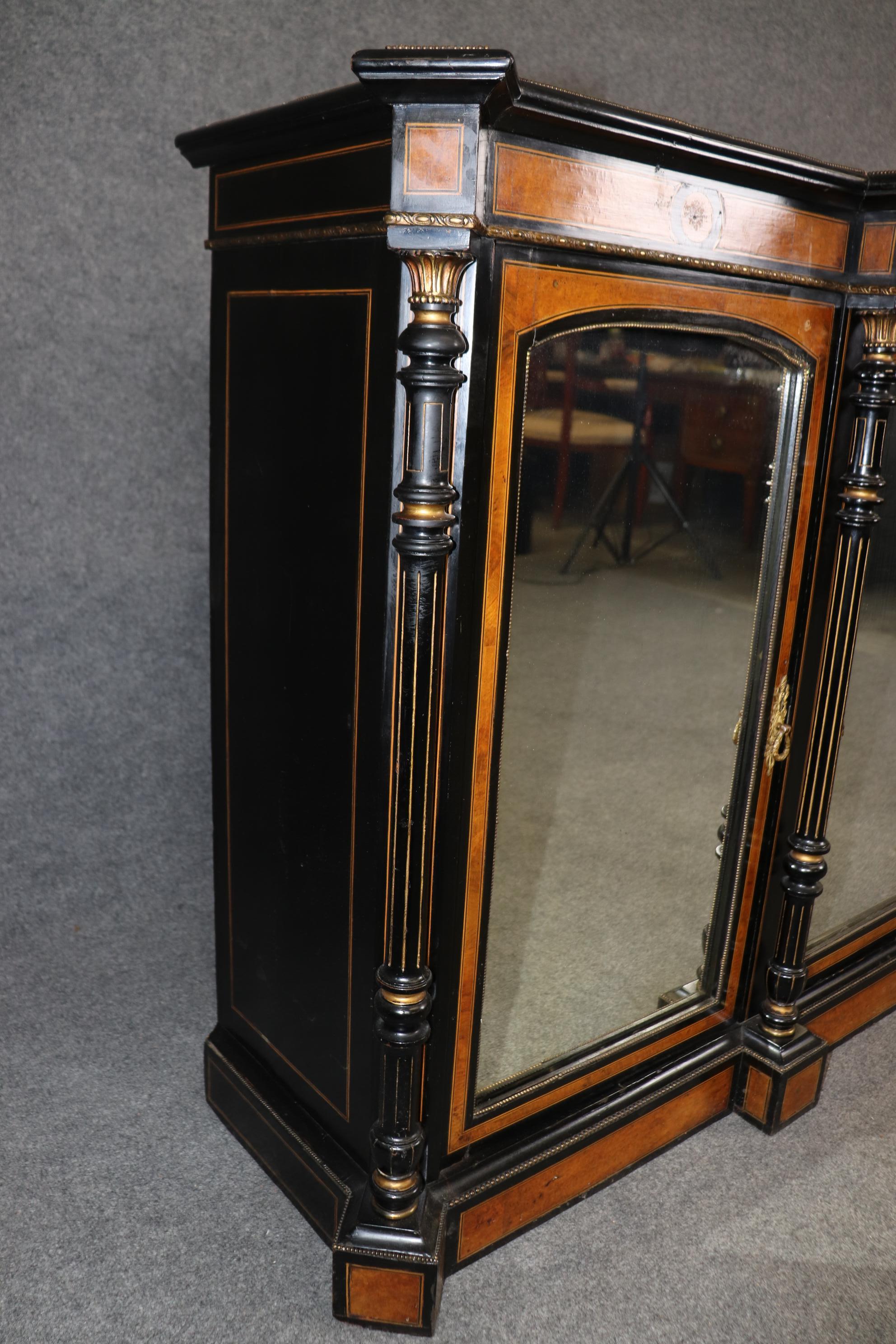 Superb Napoleonic Ebonized Mirrored Doors Gilt Incised Burled Walnut Sidebaord 2