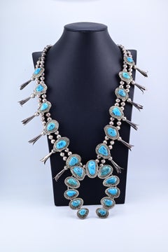 Superb Native American Squash Blossom Necklace With Spider Web Turquoise