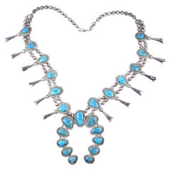 Superb Native American Squash Blossom Necklace With Spider Web Turquoise
