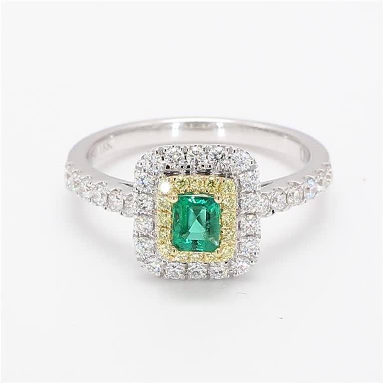 RareGemWorld's classic emerald ring. Mounted in a beautiful 18K Yellow and White Gold setting with a natural emerald cut emerald. The emerald is surrounded by natural round yellow diamond melee and natural round white diamond melee. This ring is