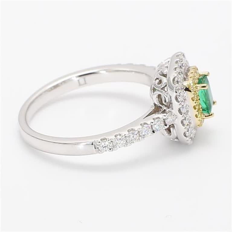 Women's Natural Emerald Cut Emerald and White Diamond .89 Carat TW Gold Cocktail Ring For Sale