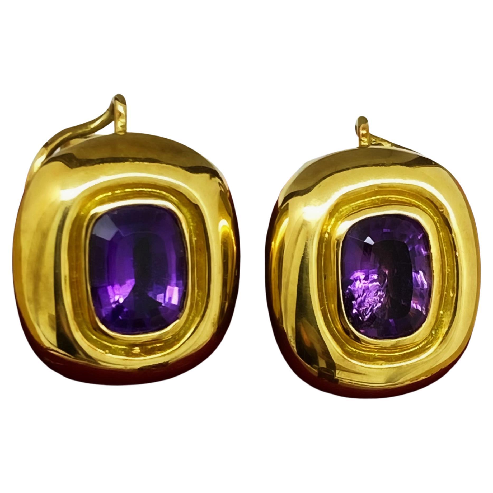 Superbi orecchini con ametista Nature Imperial Gold e oro giallo 18 carati, montanti e fondelli Omega