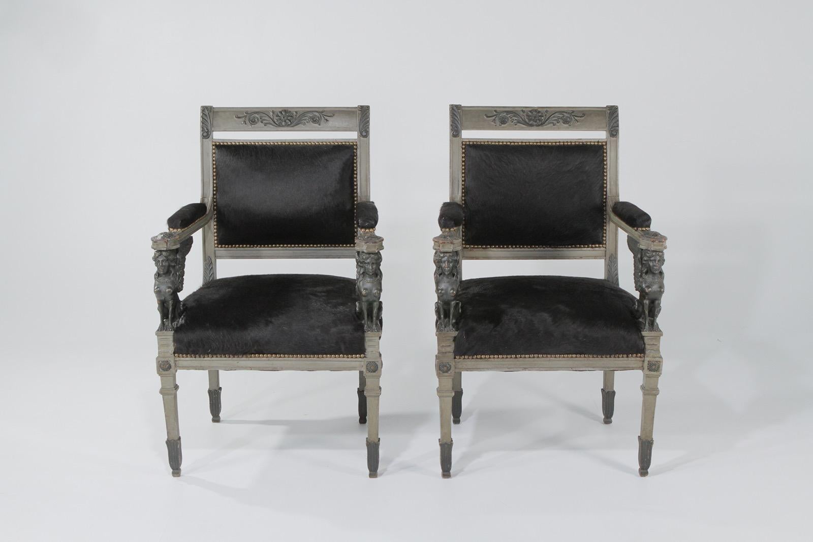 Superb Neoclassical Egyptian Revival Armchairs with Black Cowhide Upholstery 8