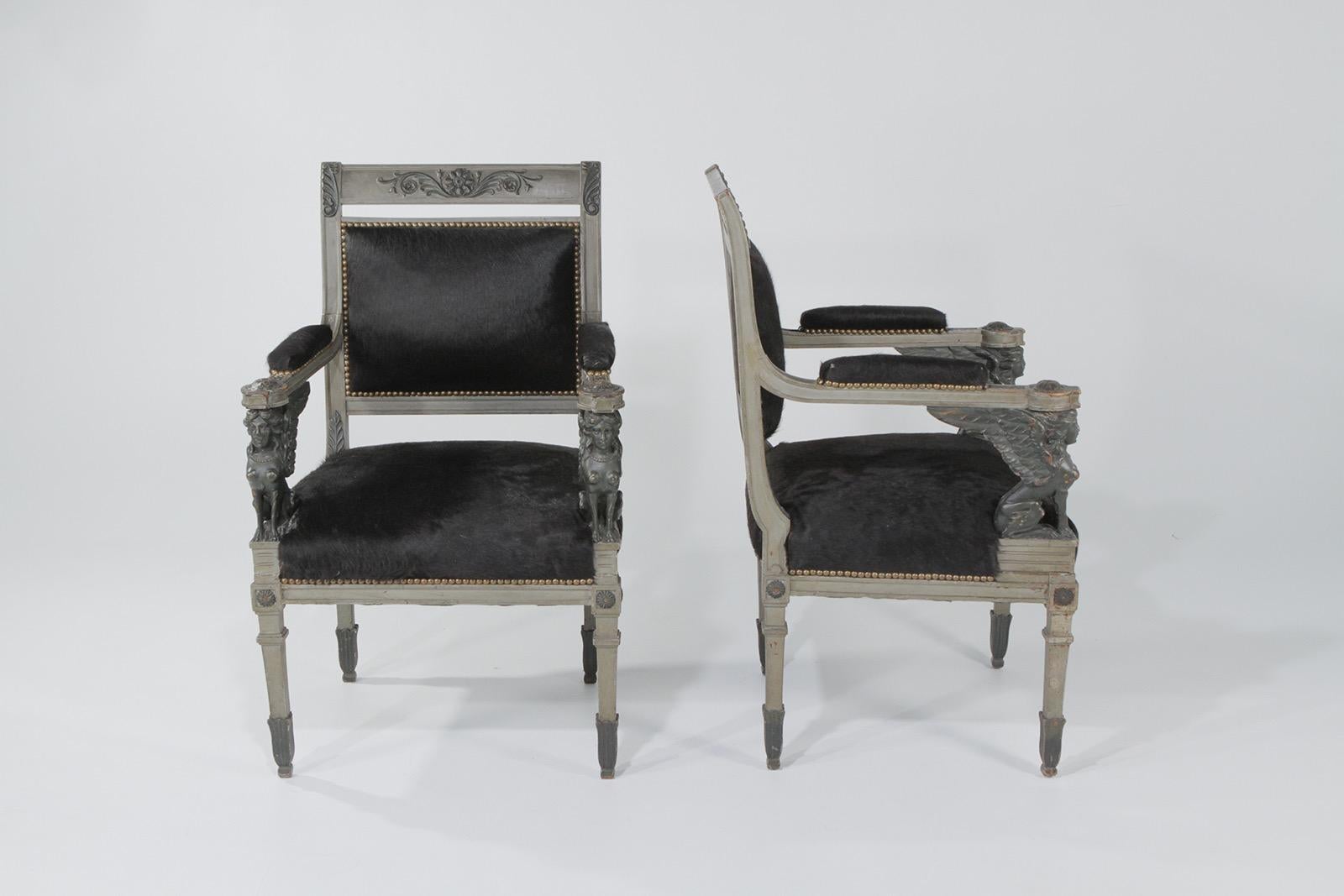 Superb Neoclassical Egyptian Revival Armchairs with Black Cowhide Upholstery 9