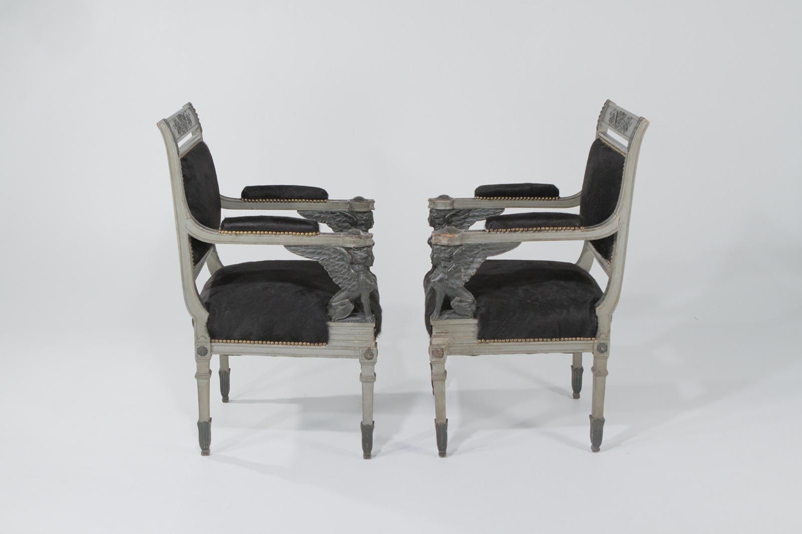 Superb Neoclassical Egyptian Revival Armchairs with Black Cowhide Upholstery 10
