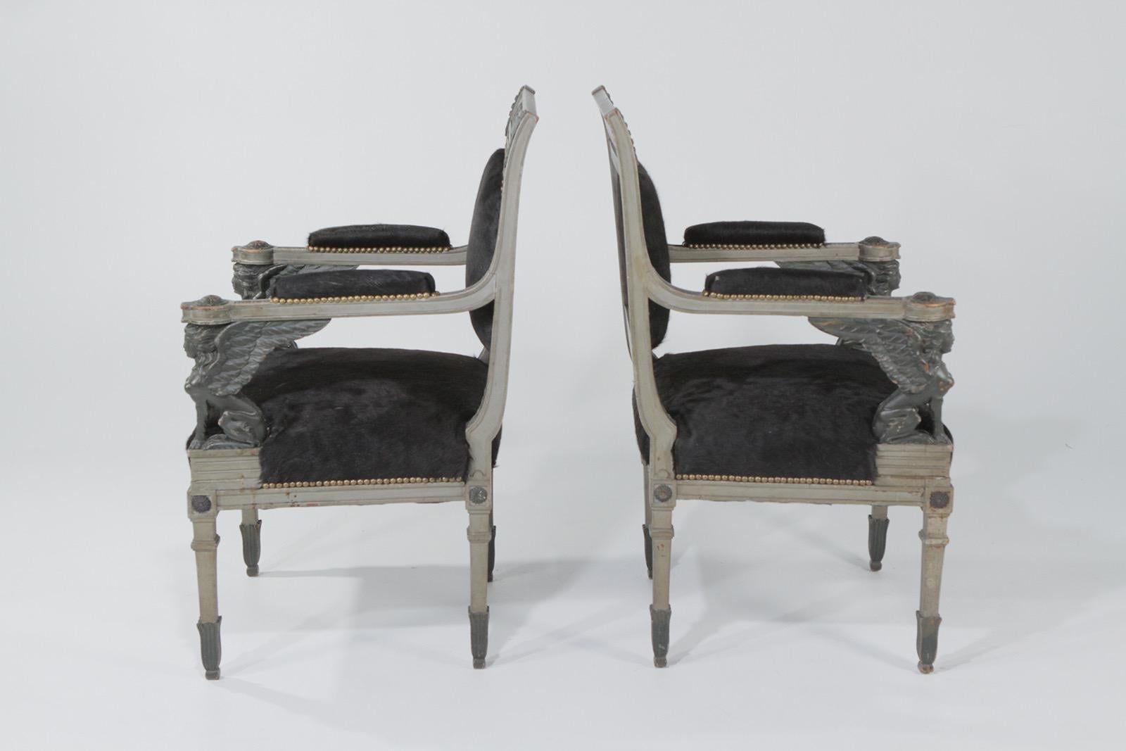 Superb Neoclassical Egyptian Revival Armchairs with Black Cowhide Upholstery 11