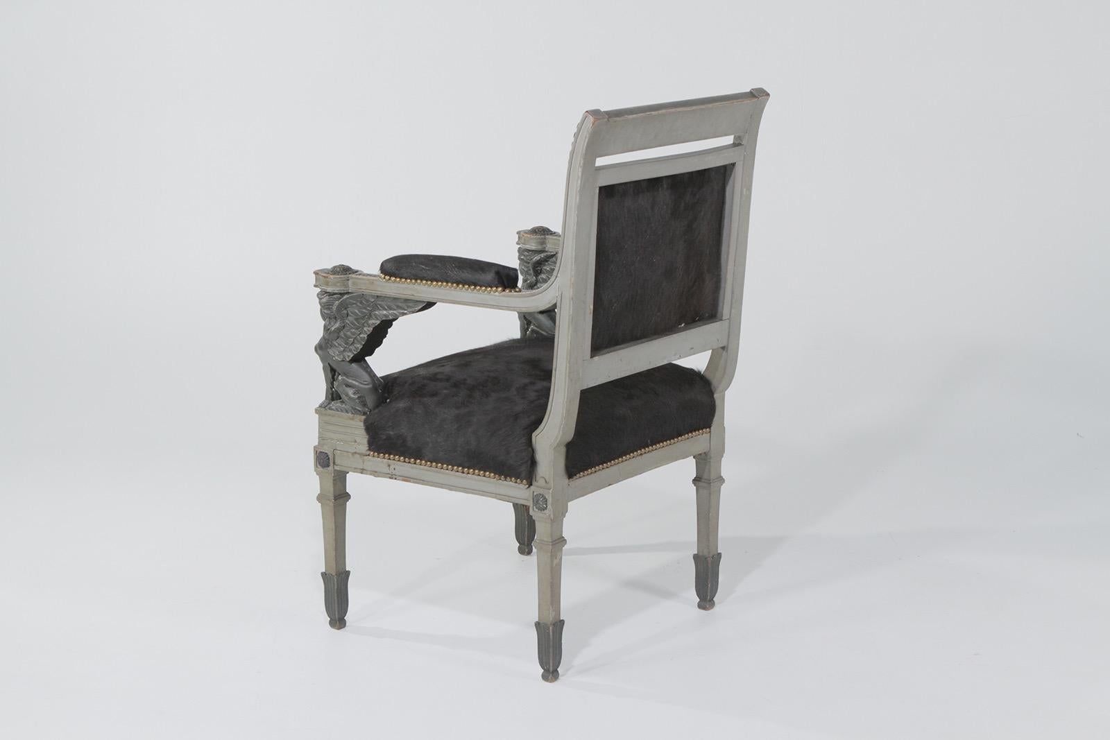 French Superb Neoclassical Egyptian Revival Armchairs with Black Cowhide Upholstery