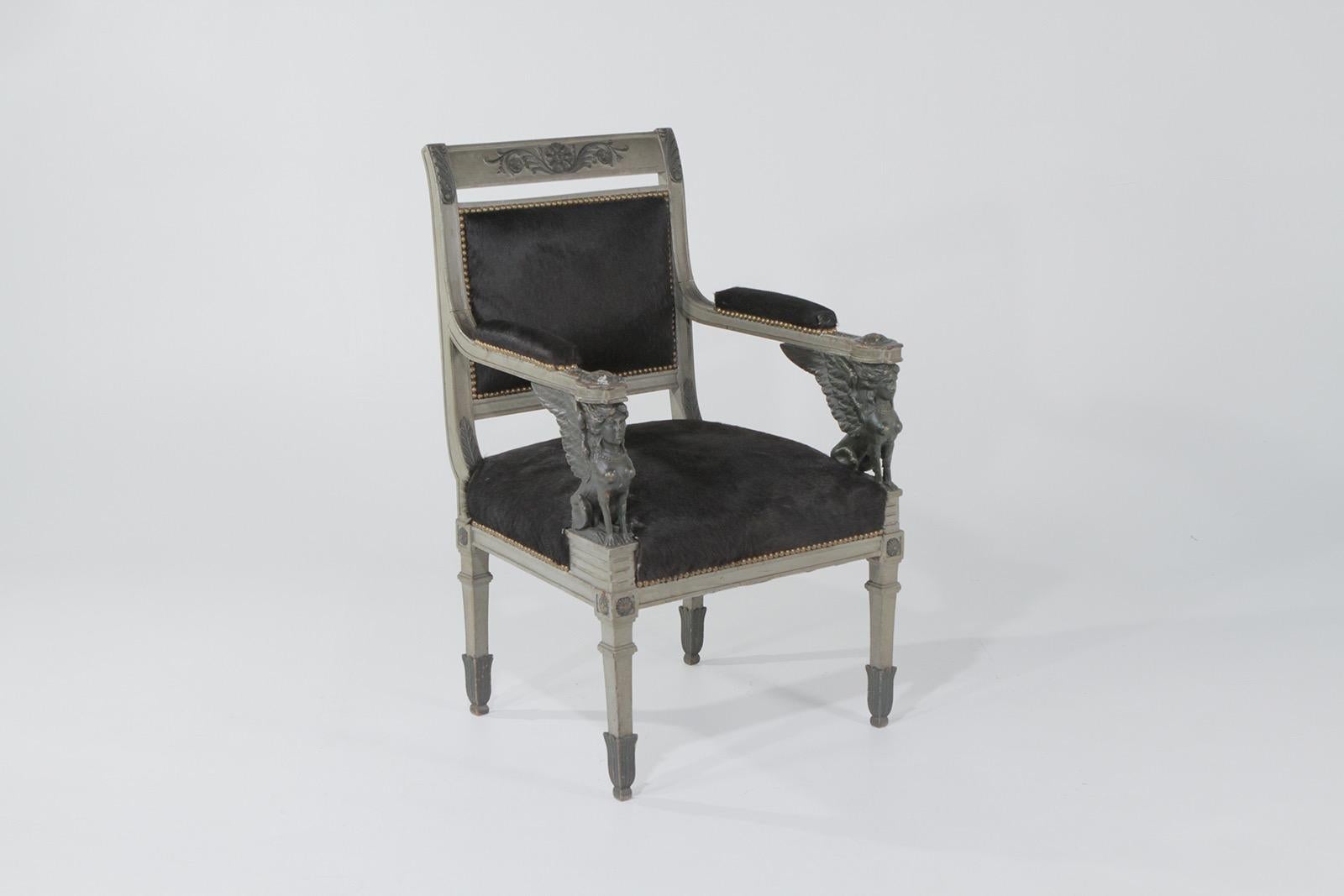 Superb Neoclassical Egyptian Revival Armchairs with Black Cowhide Upholstery In Excellent Condition In Hopewell, NJ