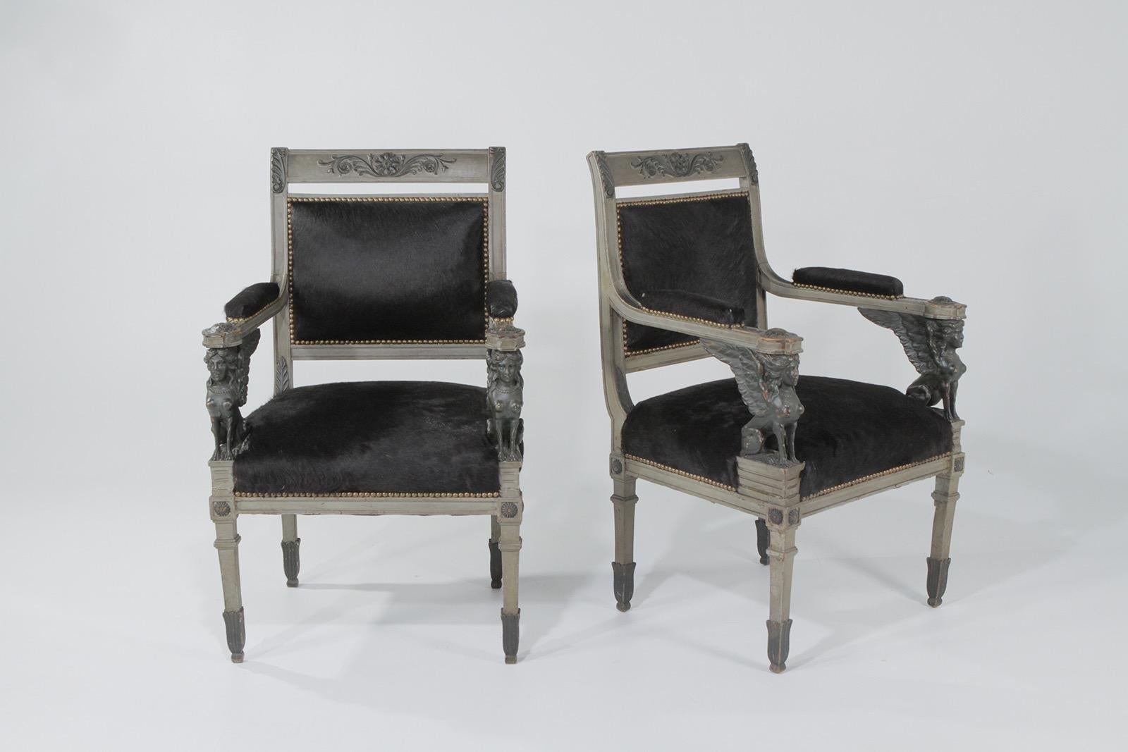 Superb Neoclassical Egyptian Revival Armchairs with Black Cowhide Upholstery 2