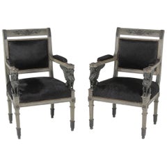 Superb Neoclassical Egyptian Revival Armchairs with Black Cowhide Upholstery